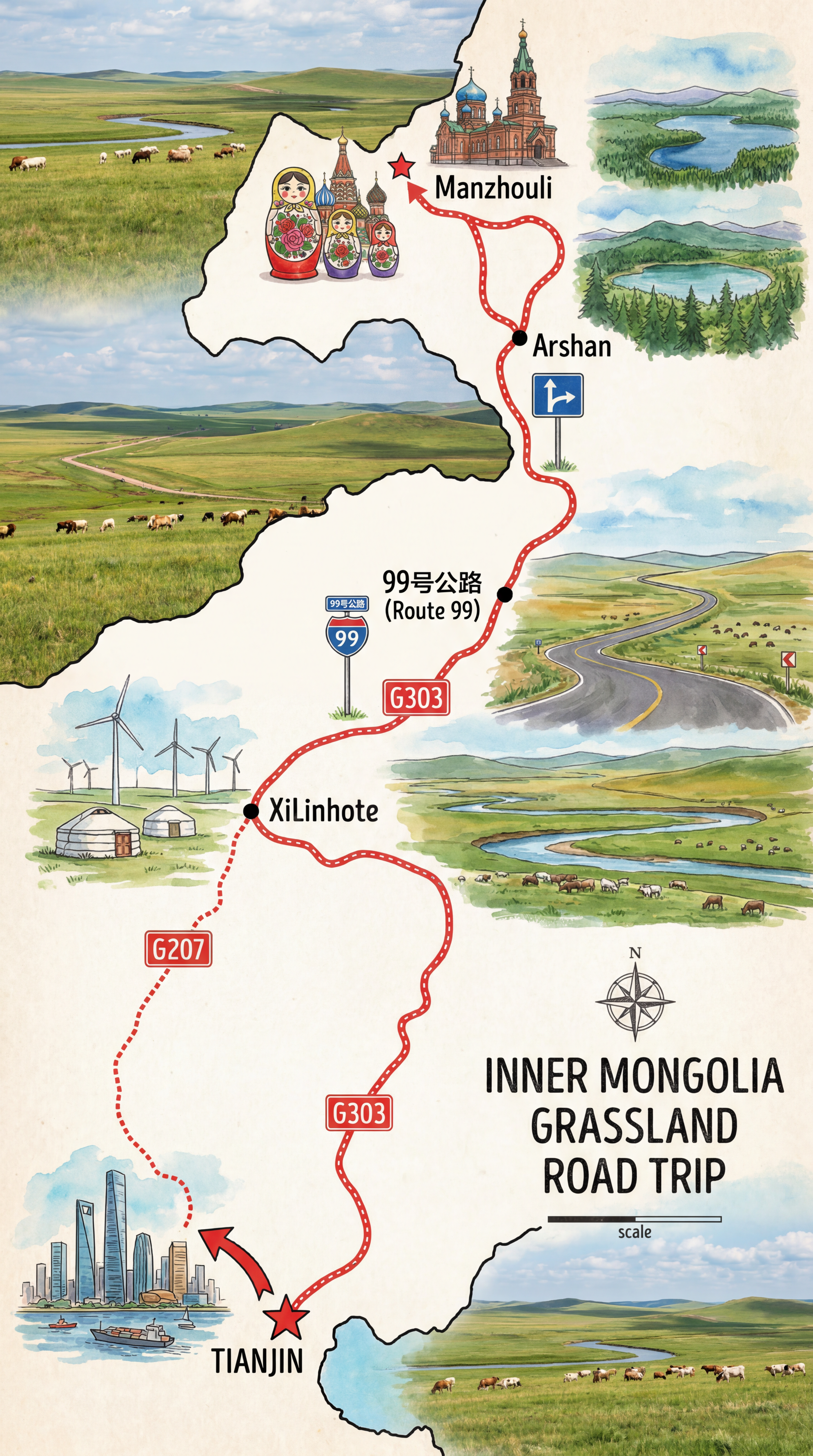 绘制从天津出发，途经锡林浩特、99号公路，最终到达阿尔山和满洲… - 图片创意预览