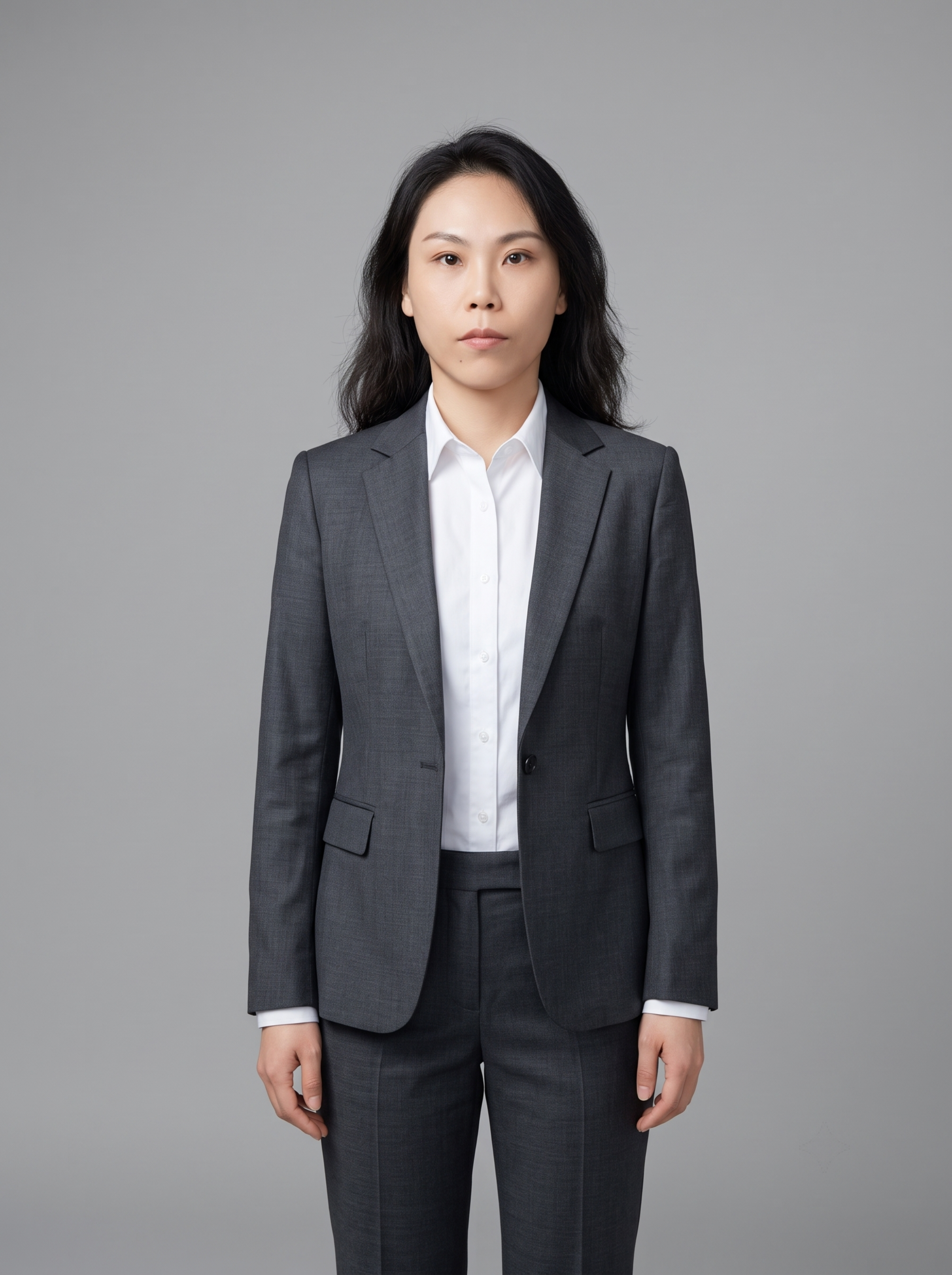 参考图中保留人物脸型、发型、年龄等特征生成职场全身正装形象照，… - 图片创意预览