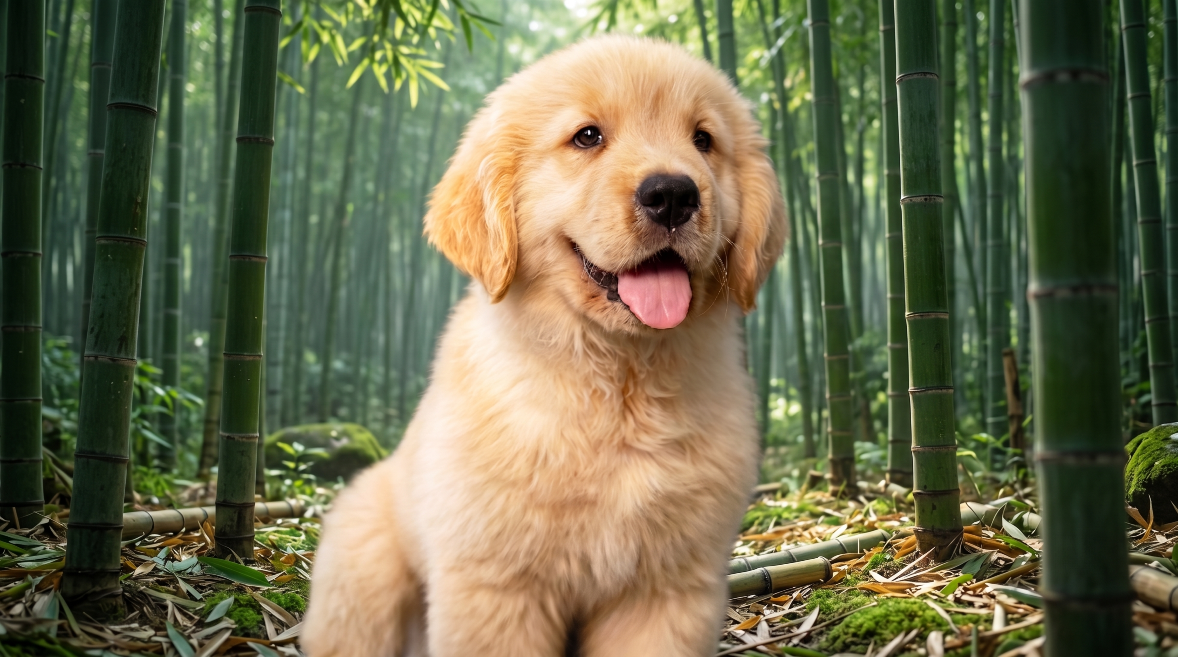将背景替换为清幽竹林，保持金毛幼犬的样貌和近景构图不变，生成自… - 图片创意预览