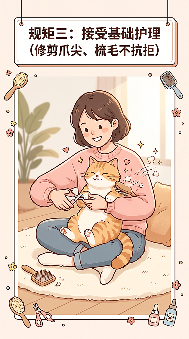 小红书养猫内容图，卡通风格，画面主体是主人给卡通小猫修剪爪尖梳毛，小猫很乖巧不抗拒，标题"规矩三:接受基础护理(修剪爪尖、梳毛不抗拒)"，暖色调温馨风格，背景干净，文字排版清晰