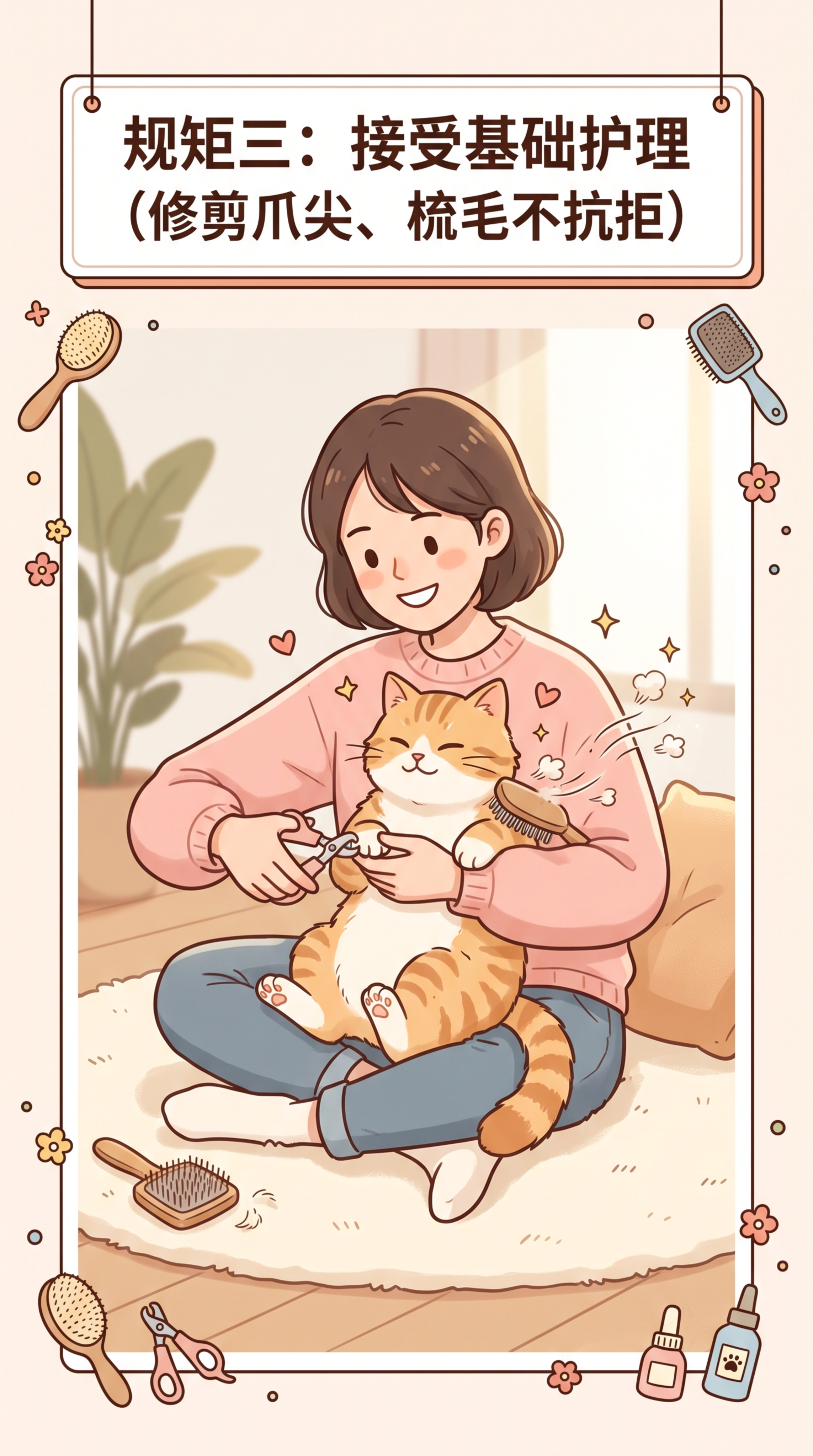 小红书养猫内容图，卡通风格，画面主体是主人给卡通小猫修剪爪尖梳… - 图片创意预览