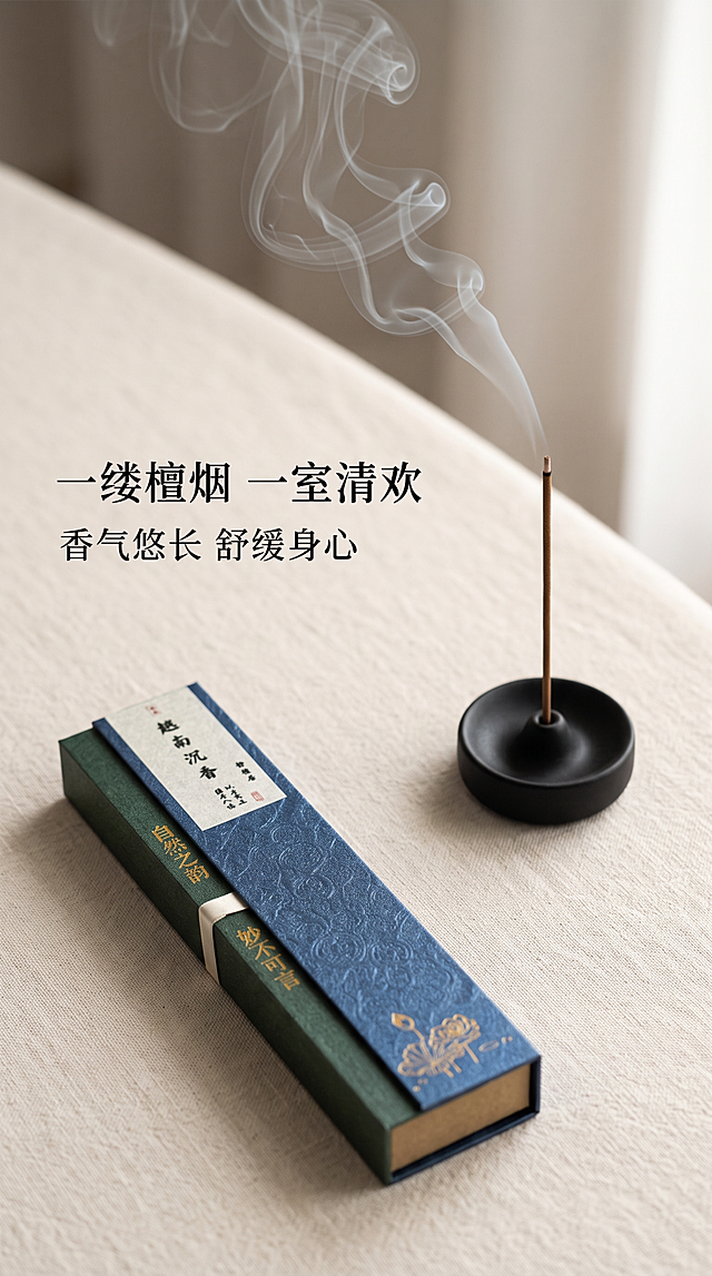 [第4屏] 香氛体验展示，迈索尔老檀线香点燃后烟雾缭绕的氛围感。本屏使用【图1】作为产品包装展示，放置在左下角。
[氛围/风格] 静谧禅意氛围，朦胧美感，新中式国风，慢生活氛围感，高清实拍质感。
[元素布局] 画面右上区域展示点燃的线香，细长浅灰色烟雾缓缓升起，画面干净空灵，左下角斜放产品包装盒，保留包装外观与原图一致，背景为浅米色素色棉麻桌布，搭配一小块黑色陶瓷香座，整体构图简洁留白，体现东方美学。
[光影质感] 柔和漫射光，烟雾层次朦胧自然，产品轮廓清晰，整体光线温润雅致。
[配色色系] 全局底色 #f8f5f0，主色米白棉麻，辅助色深灰烟雾，藏青蓝包装，黑色香座点缀。
[视角构图] 斜向构图，右上烟雾主体，左下产品点缀，留白充足，呼吸感强，阅读动线从上到下。
[文字版式] 主标题「一缕檀烟 一室清欢」，副标题「香气悠长 舒缓身心」，文字放置在左侧，字体古朴，不遮挡主体烟雾和产品，清晰可读。
[比例分辨率] 9:16竖版比例，宽度1080px，高度1920px，分辨率4K，高清画质。
[负向提示词] 烟雾杂乱，产品变形，文字错乱，水印，脏乱背景，过度修饰