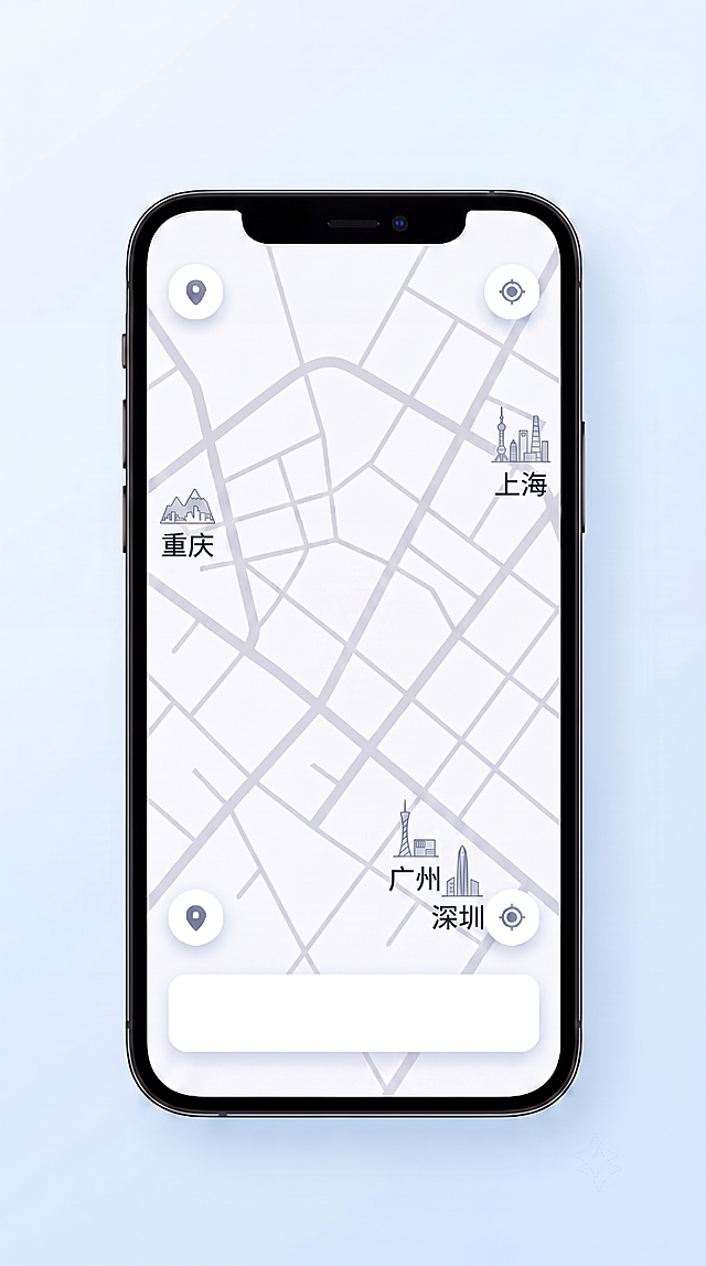 在当前黑色iPhone手机屏幕内，修改地图路网，生成包含上海、广州、深圳、重庆四座城市标注的简约浅灰城市路网地图，保留四角圆形定位按钮和底部空白弹窗，保持整体干净简约商务风，浅蓝渐变外背景，9:16竖版，4K超清
