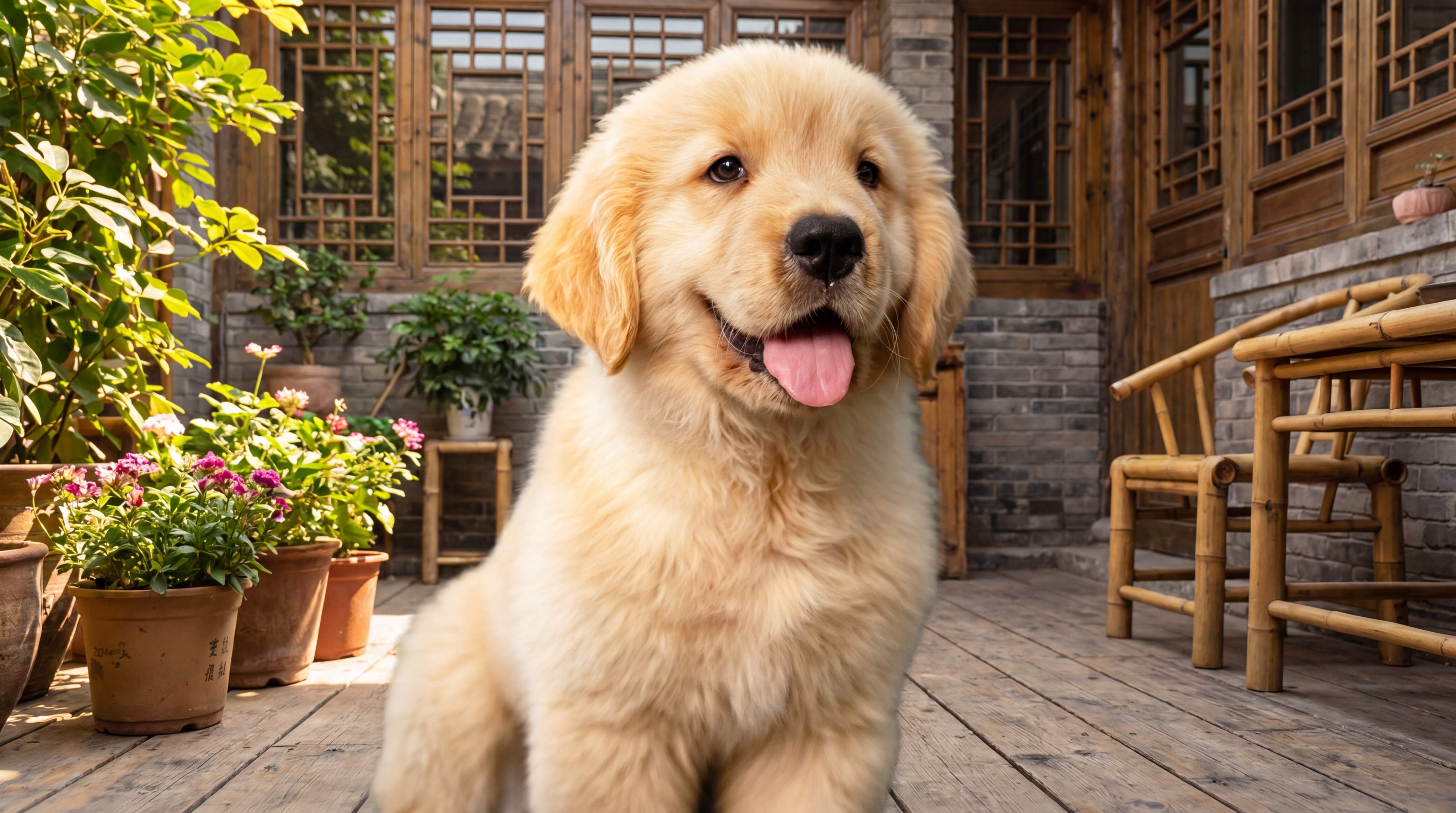 将这只金毛幼犬放到田园风格的北京居家环境中，保持小狗的样貌不变… - 图片创意预览