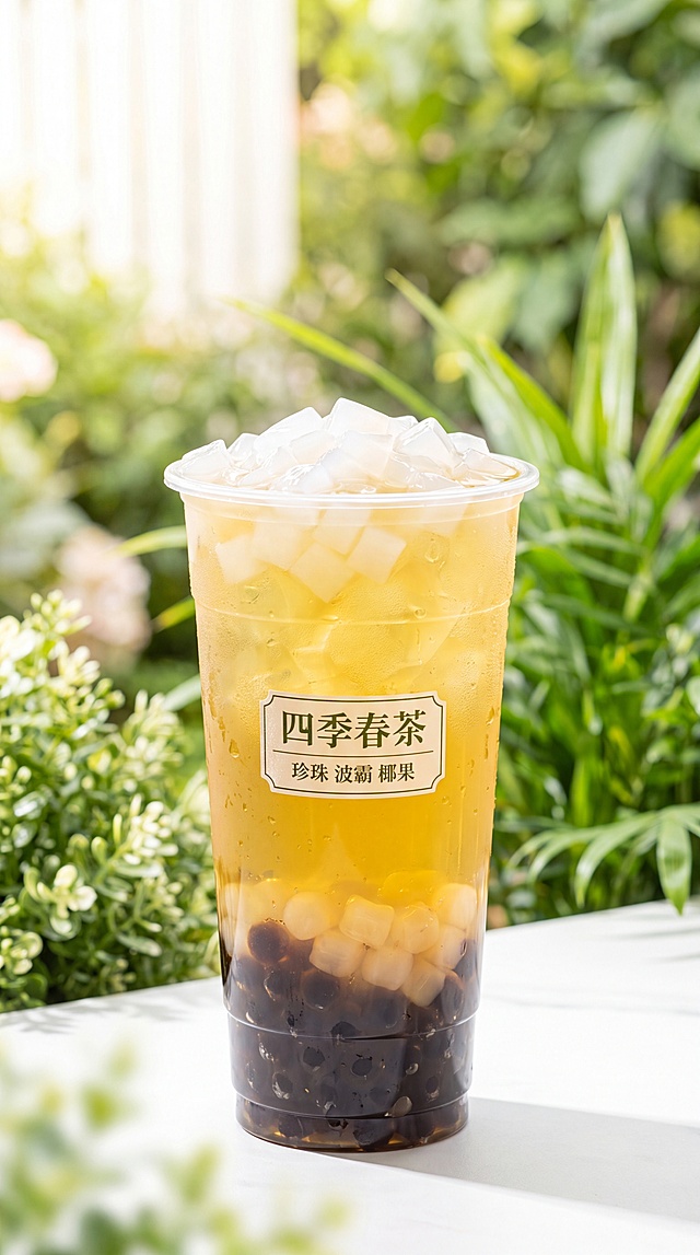 透明塑料杯装四季春茶，杯中可见珍珠、波霸、椰果三种配料分层，整体为清新明亮色调，饮料饮品，9:16竖屏，画面干净清爽