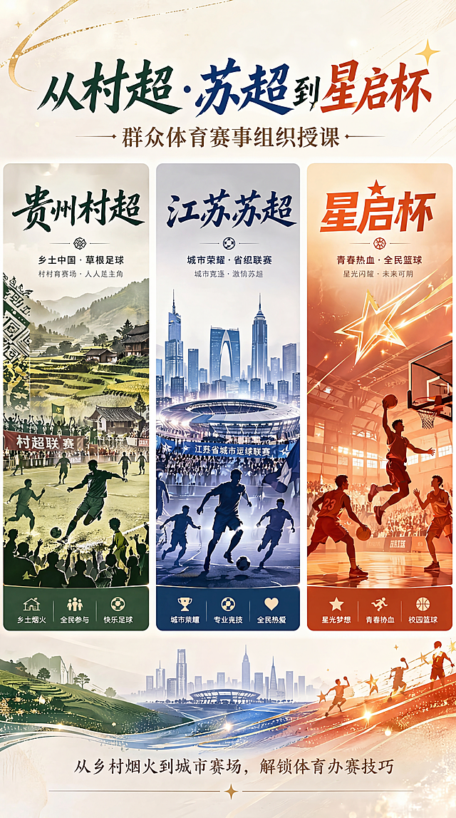 基于原图进行文字修改：顶部副标题'草根体育发展之路'改为'群众体育赛事组织授课'；底部主文案'从乡村烟火到城市赛场，续写全民体育热爱'改为'从乡村烟火到城市赛场，解锁体育办赛技巧'；右侧'星启杯'模块右下角的'全民篮球'改为'校园篮球'；其余所有画面元素、排版、配色、风格、人物动作、背景场景均保持不变。确保文字清晰可读，字体风格与原图一致。