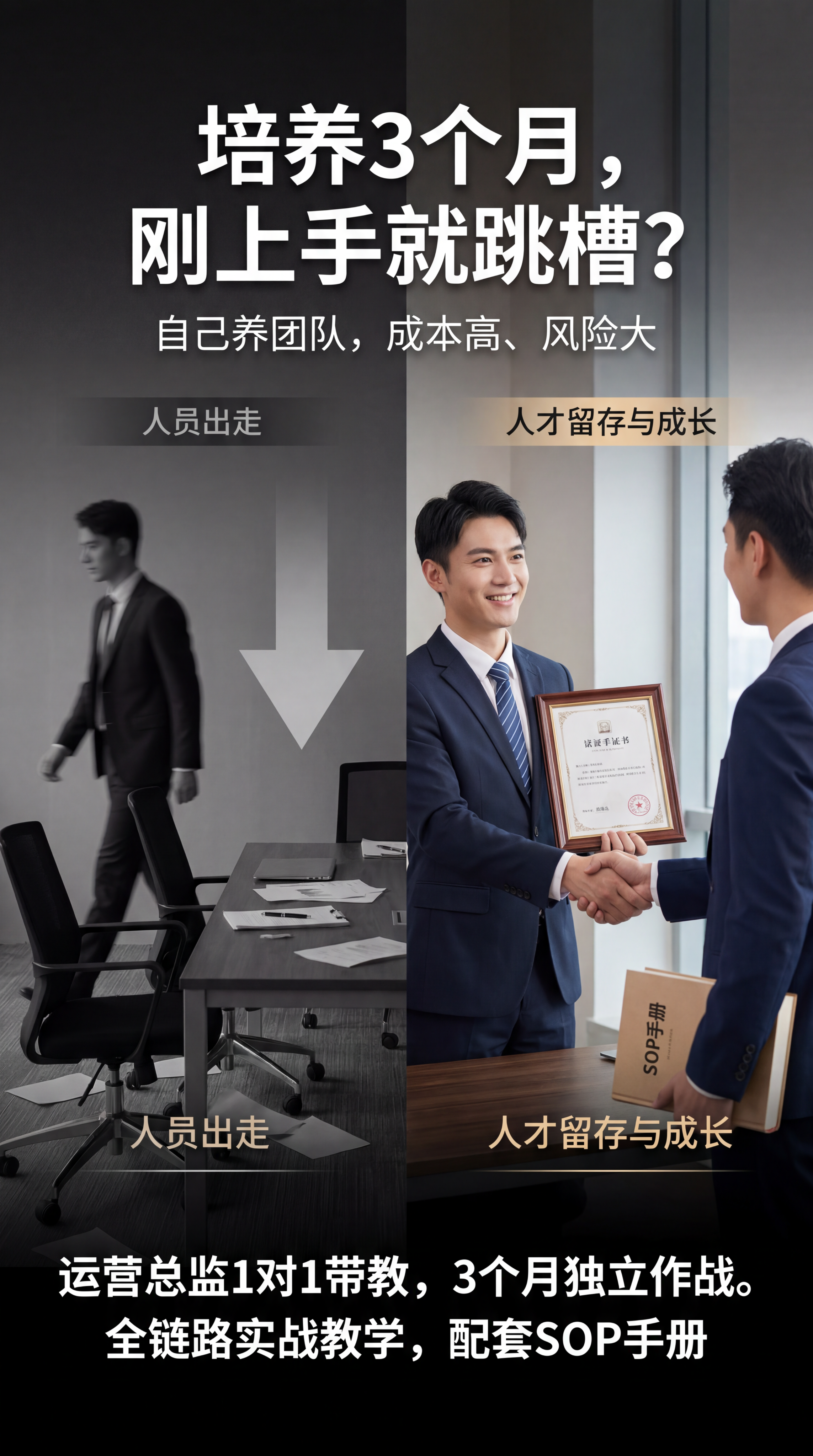 左右分栏对比设计，左侧灰色暗调呈现人员出走的画面，右侧明亮色彩… - 图片创意预览