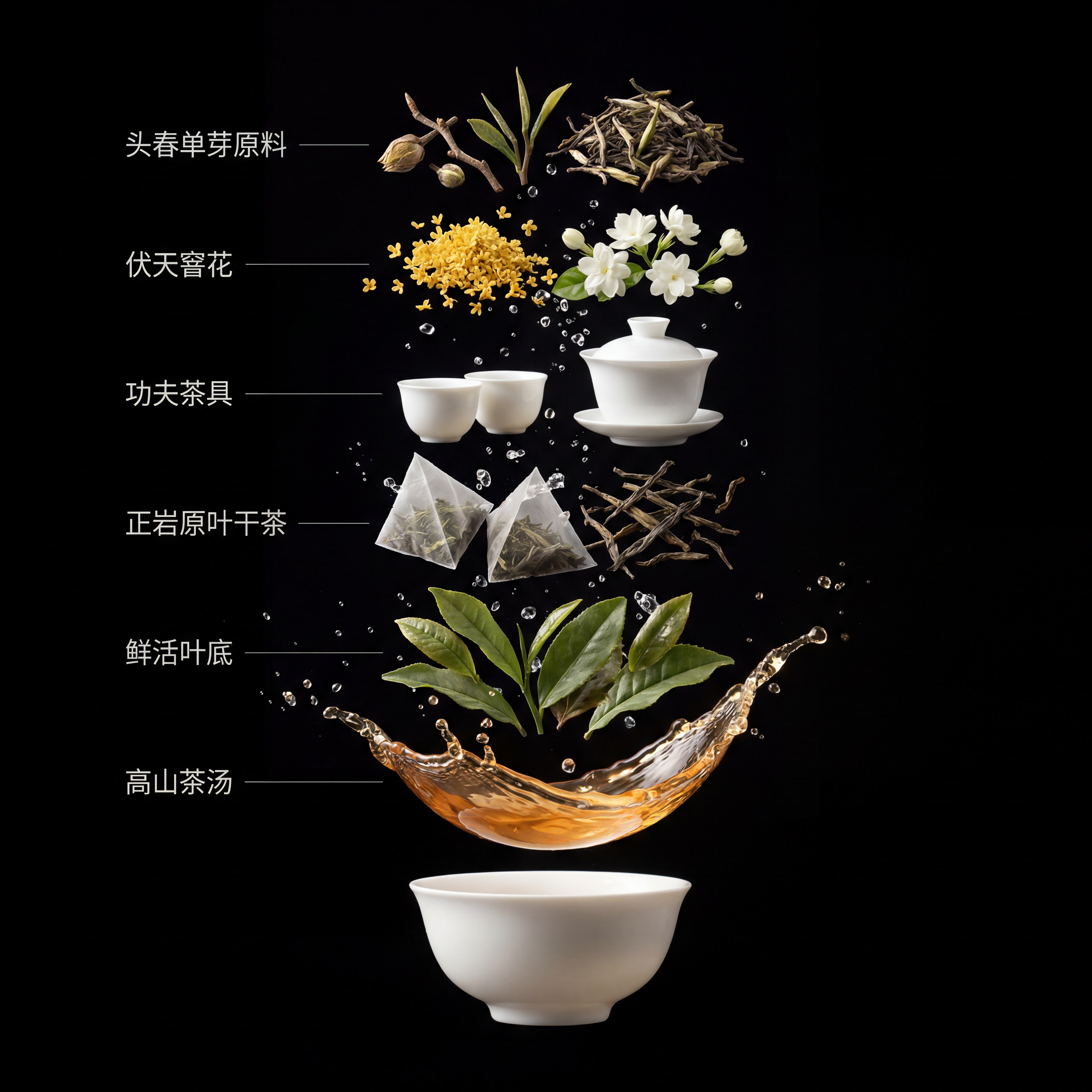 商业美食分层悬浮爆炸构图，纯黑色极简背景，自上而下纵向分层漂浮… - 图片创意预览