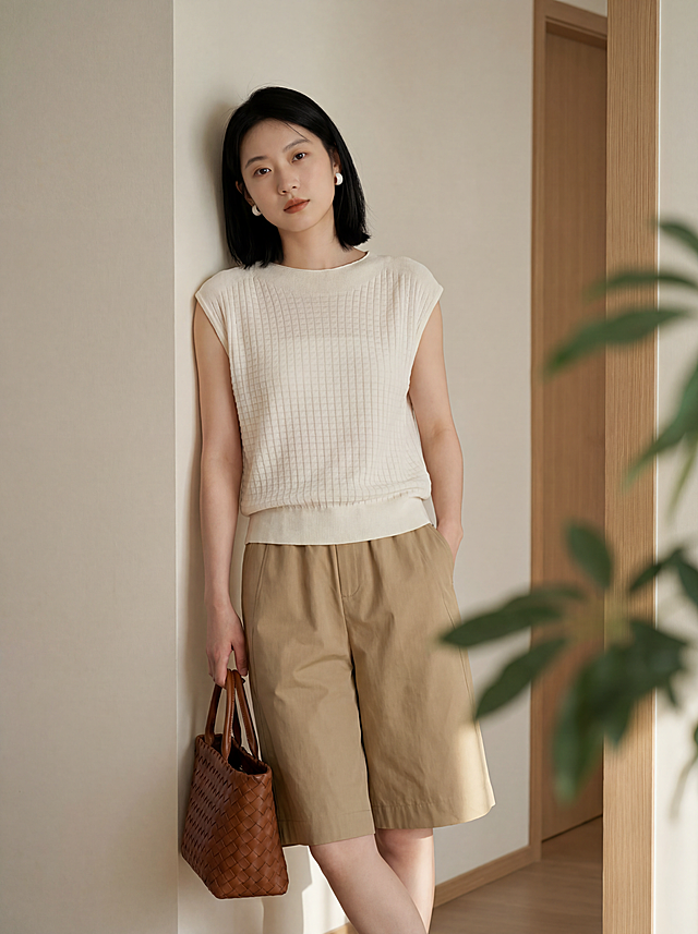 服装细节严格不动：保持原图所有服装版型、颜色，圆领设计领口贴合颈部，扁平方格编织肌理，每个小方块上有一条斜向纹理，面料纹理细节严格参考图2，面料极轻薄，微透内衣透肤色，呈现细腻通透轻盈质感，下摆细密罗纹收口，材质莱赛尔纤维72.1%醋酯纤维27.9%，天丝醋酸混纺质感，丝滑垂坠，卡其色高腰中裤，棕色编织手提包，白色圆形耳饰全部保留不变。全身照，完整展示从头到脚的全身。仅改变模特姿势：年轻东亚女性模特，黑色齐肩短发，身材修长，国际高端女装品牌夏日室内大片，日系知性优雅，法式极简高级，Slow Living生活方式摄影。姿势4：模特靠墙全身站立，双腿交叉，一只手插在裤袋里，另一只手提着编织包，头部微歪，神情淡然。拍摄场景不变：室内浅色墙面，门框结构，绿植叶片前景虚化，自然侧光形成柔和明暗对比，光线柔和温暖，低饱和大地色系，知性优雅氛围。生活方式室内构图，突出质感从容与知性气质，中画幅摄影质感，真实面料纹理与轻薄微透方格细节，Kodak Portra胶片色彩，暖调低饱和，超写实，8K