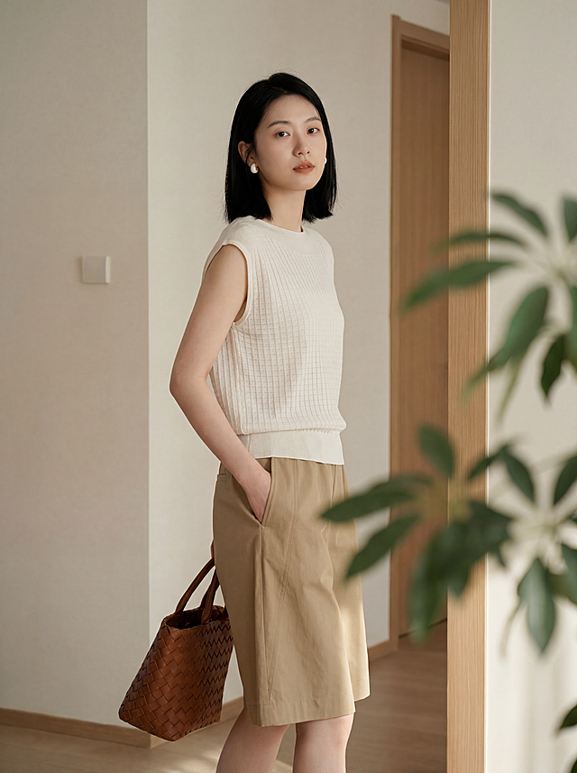 服装细节严格不动：保持原图所有服装版型、颜色，圆领设计领口贴合颈部，扁平方格编织肌理，每个小方块上有一条斜向纹理，面料纹理细节严格参考图2，面料极轻薄轻透，微透内衣透肤色，呈现细腻通透轻盈质感，下摆细密罗纹收口，材质莱赛尔纤维72.1%醋酯纤维27.9%，天丝醋酸混纺质感，丝滑垂坠，卡其色高腰中裤，棕色编织手提包，白色圆形耳饰全部保留不变。全身照，完整展示从头到脚。仅改变模特姿势：年轻东亚女性模特，黑色齐肩短发，身材修长，国际高端女装品牌夏日室内大片，日系知性优雅，法式极简高级，Slow Living生活方式摄影。姿势2：模特侧身45度站立，左手插在裤袋里，右手提着编织包，头部转过来看向镜头，从容大气。拍摄场景不变：室内浅色墙面，门框结构，绿植叶片前景虚化，自然侧光形成柔和明暗对比，光线柔和温暖，低饱和大地色系，知性优雅氛围。生活方式室内构图，突出质感从容与知性气质，中画幅摄影质感，真实面料纹理与轻薄微透方格细节，Kodak Portra胶片色彩，暖调低饱和，超写实，8K