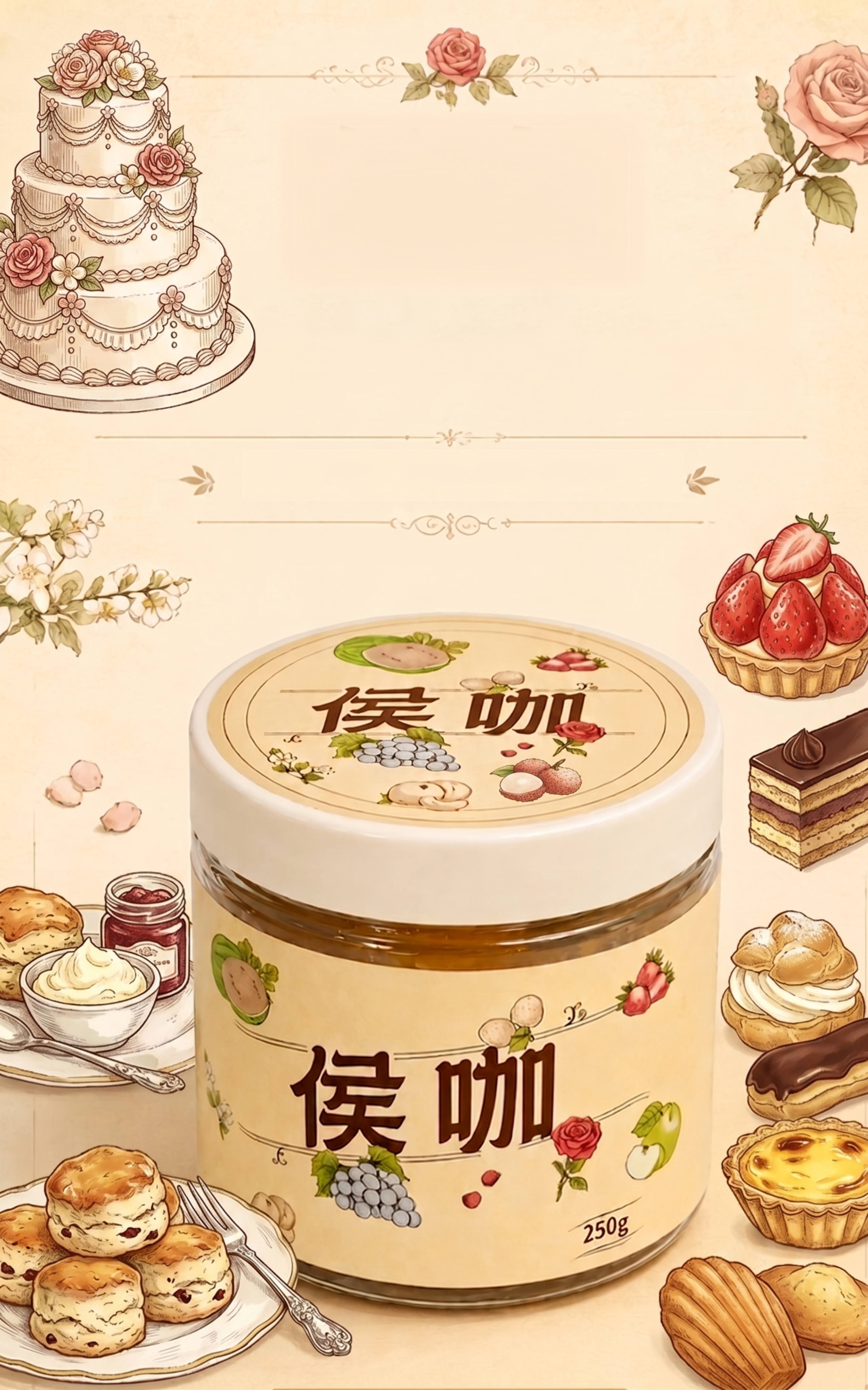将图中周围的所有水果替换成复古风插画风格的甜品，保持中间侯咖罐… - 图片创意预览