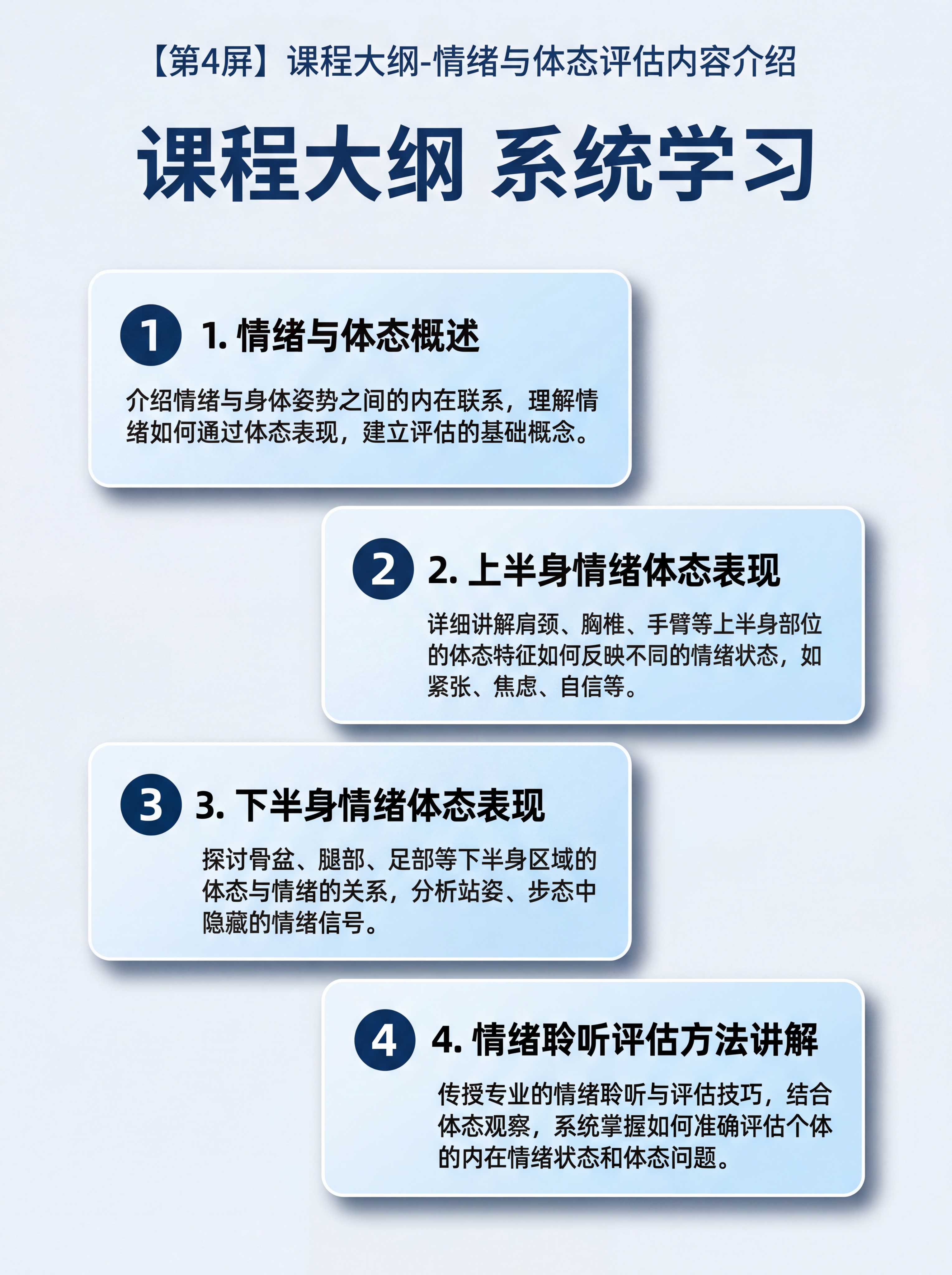 [第4屏] 课程大纲-情绪与体态评估内容介绍。 [氛围/风格]… - 图片创意预览