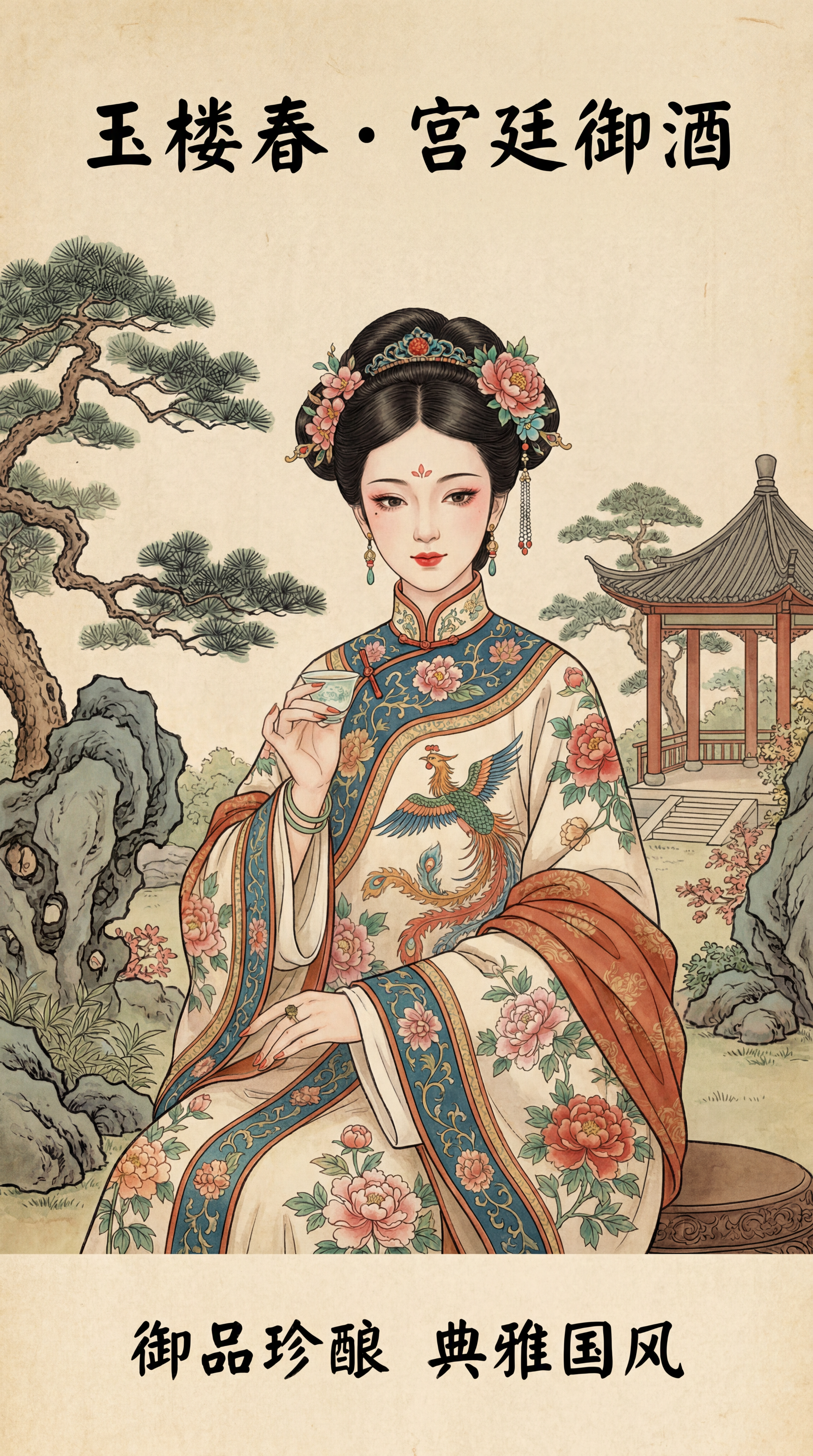 竖版古代妃子插画，国风工笔风格，古典美人，身着华丽贵妃服饰，妆… - 图片创意预览