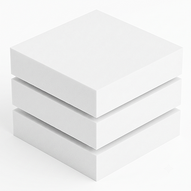 三块等尺寸白色方形高密度海绵厚板材，垂直堆叠对齐，层间留均匀窄缝隙，斜45°等轴测三维视角，能同时看见顶面、正面、右侧面，边角规整直角，整体纯白色无花纹，表面细腻哑光，真实高密度闭孔海绵质感，柔和均匀漫射光，纯白背景，4K写实渲染，极简干净风格