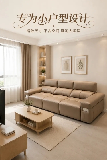 [第7屏] 卖点详情页-小户型空间适配展示，尊界823棕色拖床沙发。本屏使用【图1】作为商品主体。  
[氛围/风格] 温馨实用风，现代小户型客厅实景，柔和自然光，高级家居氛围感，无人物。  
[元素预览效果