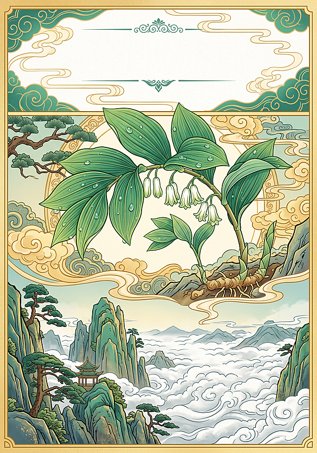 国潮风插画封面，构图分为三段：最上方留白区域带云雾线条点缀；中间是放大特写的多花黄精（叶片脉络清晰，有露珠）；最底部是黄山典型的花岗岩山峰与云海。配色以石青、石绿和金黄为主，线条精致，适合印刷，上方预留标题位置，无任何文字