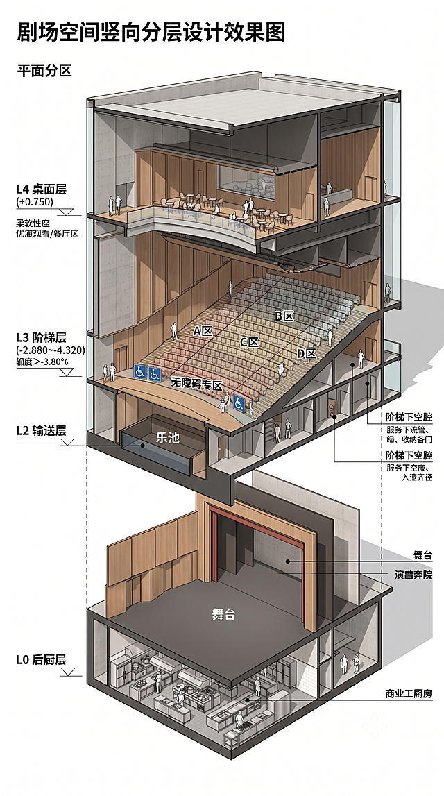 剧场空间竖向四层分离设计效果图，竖向分层：L4桌面层(+0.750)，L3阶梯层(-2.880~-4.320)保留，L2输送层包含乐池和阶梯下空腔，L0后厨层在舞台下方；平面分为A/B/C/D五个区域加上无障碍专区，空间剖面展示分层结构，专业建筑设计效果图，清晰标注分层和分区信息