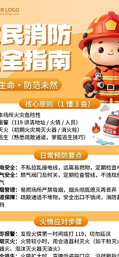 3d卡通全民消防安全指南知识分享长图