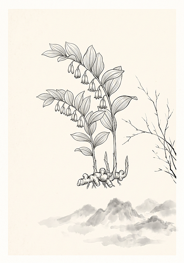 竖版国风插画，米黄色宣纸底色，画面全程无任何文字、标题、落款；画面中部精细单色线描多花黄精，完整画出黄精肉质根茎、卵形叶片、下垂钟形花序，旁侧点缀疏瘦细枝；画面底部淡墨写意连绵黄山奇峰，浅灰云雾晕染山峦，大量留白，素雅单色水墨，中式本草山水风格，干净柔和，无印章无字迹
