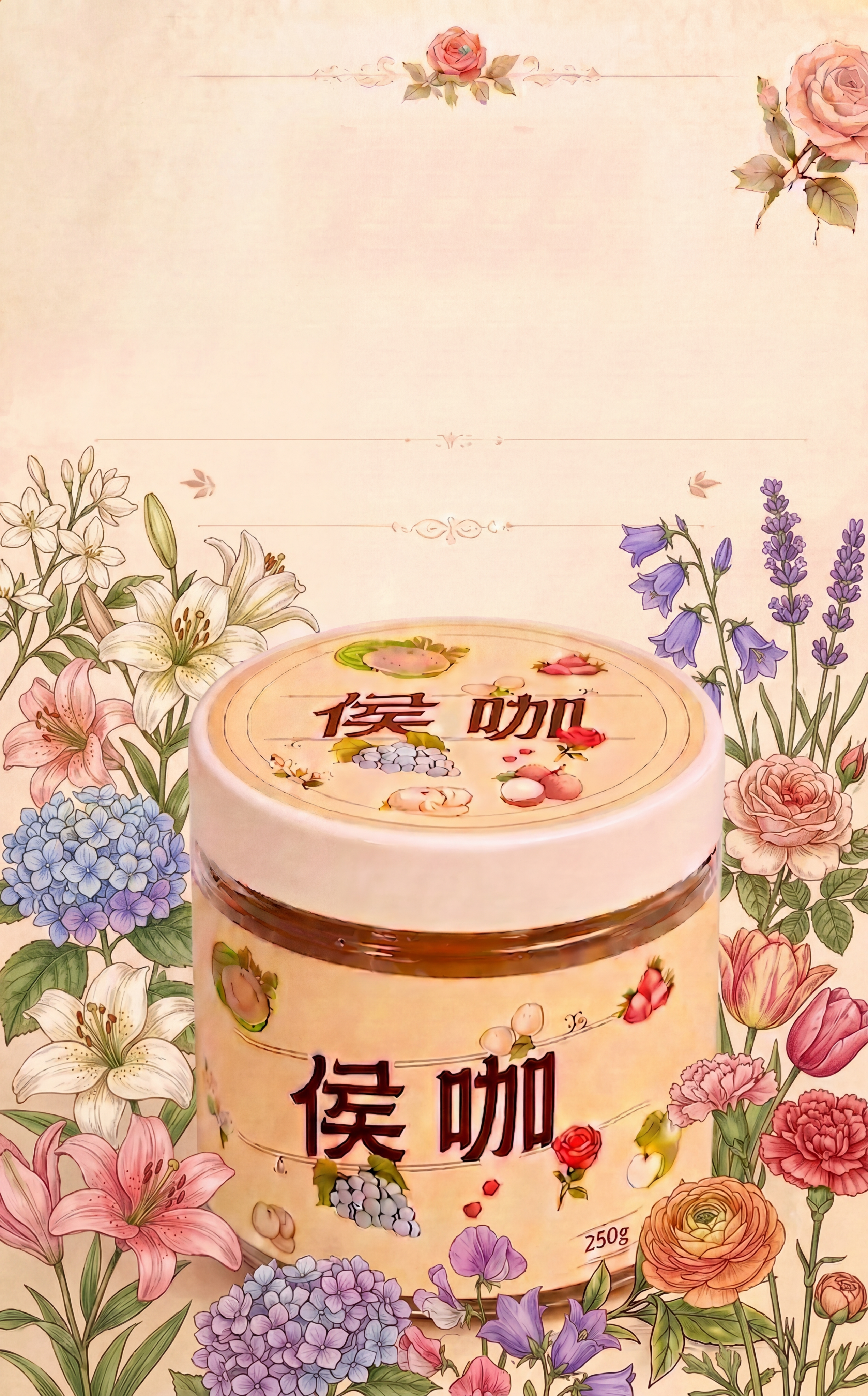 保持产品、其他鲜花、整体排版、上方留白和复古插画风格不变，仅去… - 图片创意预览