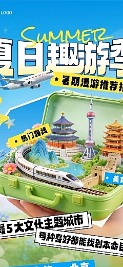 夏日出游营销推广长图清新蓝绿色