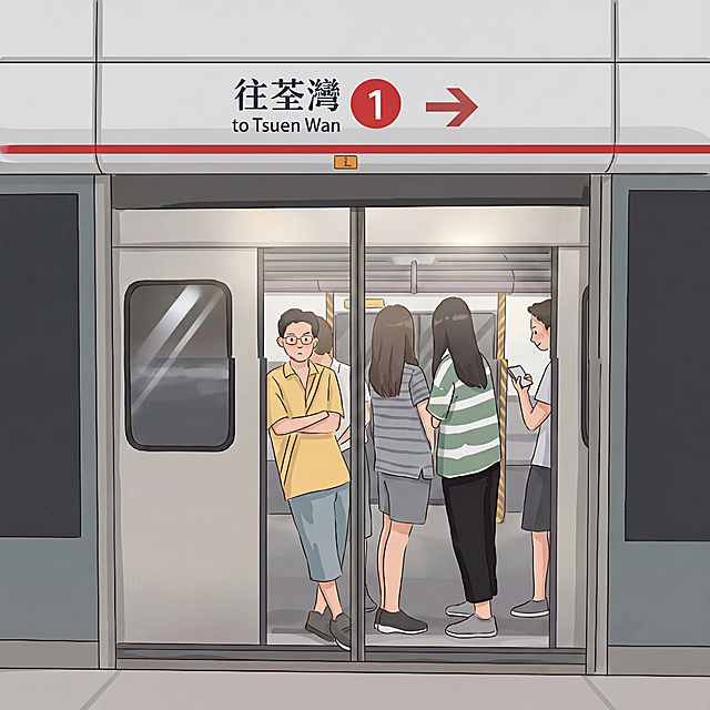 修复图中窗户与门框在人物中间的错位问题：确保车门立柱、玻璃窗框与人物站位逻辑一致，无穿插或断裂；黄衬衫男子应完全位于左侧门框内，灰短裤女子居中靠右，绿白条纹女子与持手机男子在右侧门框内；保持插画风格、人物造型与标牌‘往荃灣 1 → to Tsuen Wan’不变