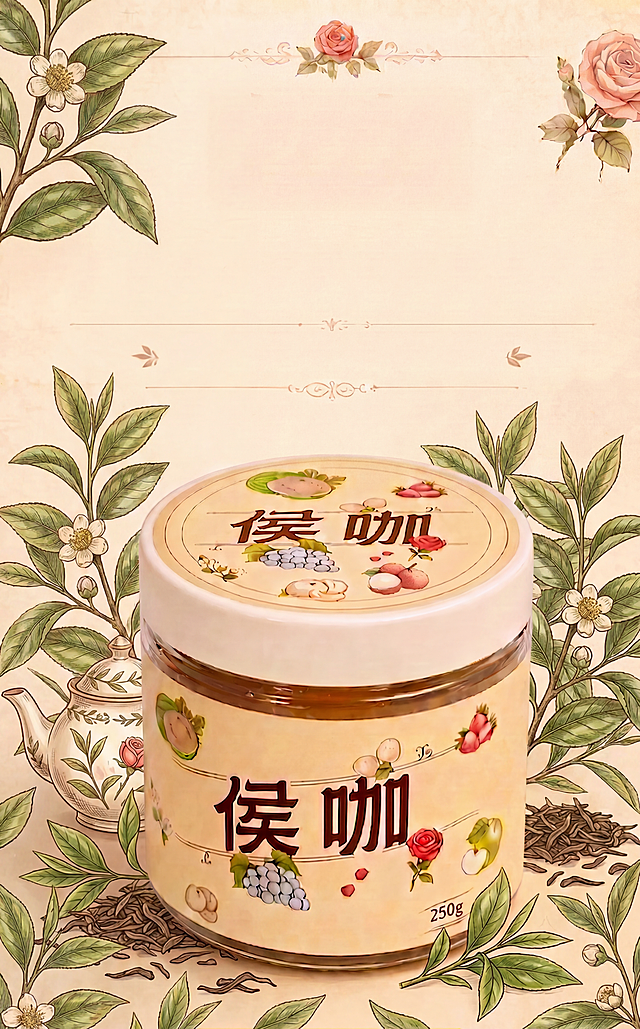 保持中间侯咖罐子产品、上方留白、整体复古插画风格和底色不变，增加更多茶树绿叶元素，丰富茶树相关内容，保留茶壶和茶叶元素
