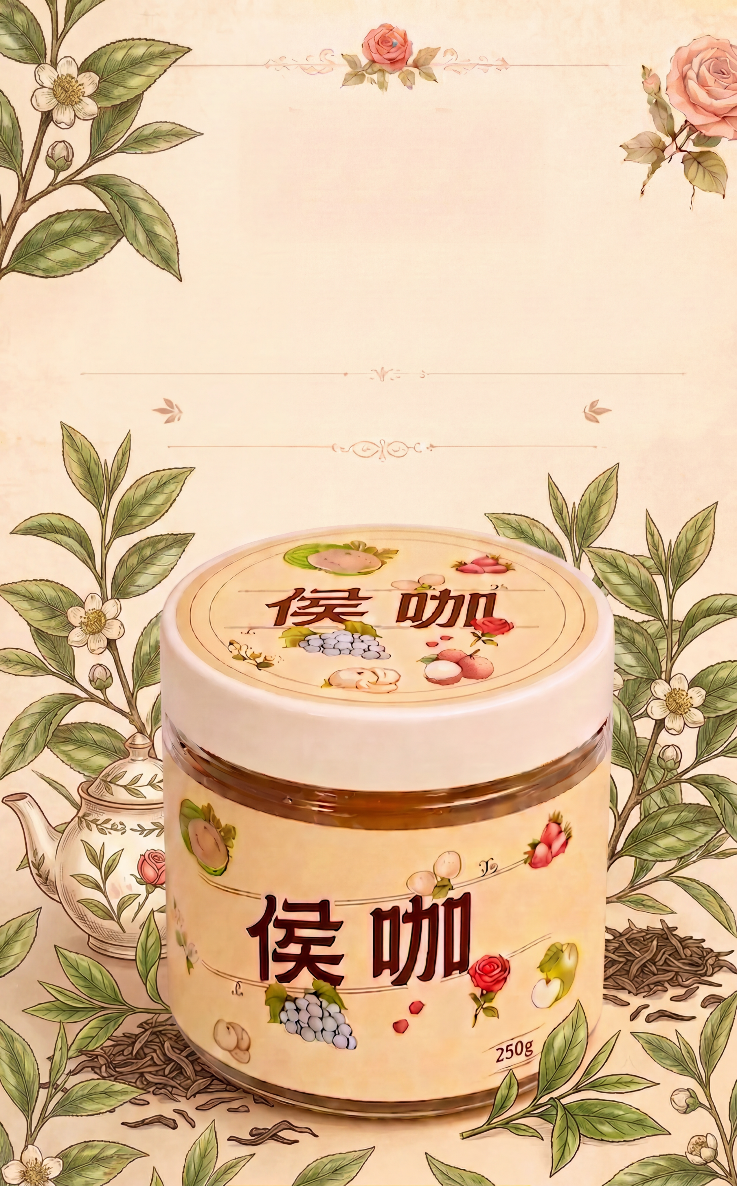 保持中间侯咖罐子产品、上方留白、整体复古插画风格和底色不变，增… - 图片创意预览