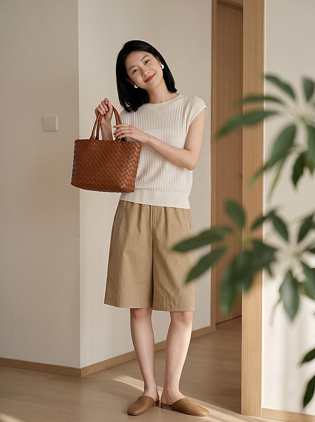 服装细节严格不动：保持原图所有服装版型、颜色，圆领设计领口贴合颈部，扁平方格编织肌理，每个小方块上有一条斜向纹理，面料纹理细节严格参考图2，面料极轻薄轻透，微透内衣透肤色，呈现细腻通透轻盈质感，下摆细密罗纹收口，材质莱赛尔纤维72.1%醋酯纤维27.9%，天丝醋酸混纺质感，丝滑垂坠，卡其色高腰中裤，棕色编织手提包，白色圆形耳饰全部保留不变。全身照，完整展示从头到脚。仅改变模特姿势：年轻东亚女性模特，黑色齐肩短发，身材修长，国际高端女装品牌夏日室内大片，日系知性优雅，法式极简高级，Slow Living生活方式摄影。姿势2：模特全身站立，重心放在一只脚上，双手提起编织包举到胸前，歪头微笑，元气活泼。拍摄场景不变：室内浅色墙面，门框结构，绿植叶片前景虚化，自然侧光形成柔和明暗对比，光线柔和温暖，低饱和大地色系，知性优雅氛围。生活方式室内构图，突出质感从容与知性气质，中画幅摄影质感，真实面料纹理与轻薄微透方格细节，Kodak Portra胶片色彩，暖调低饱和，超写实，8K