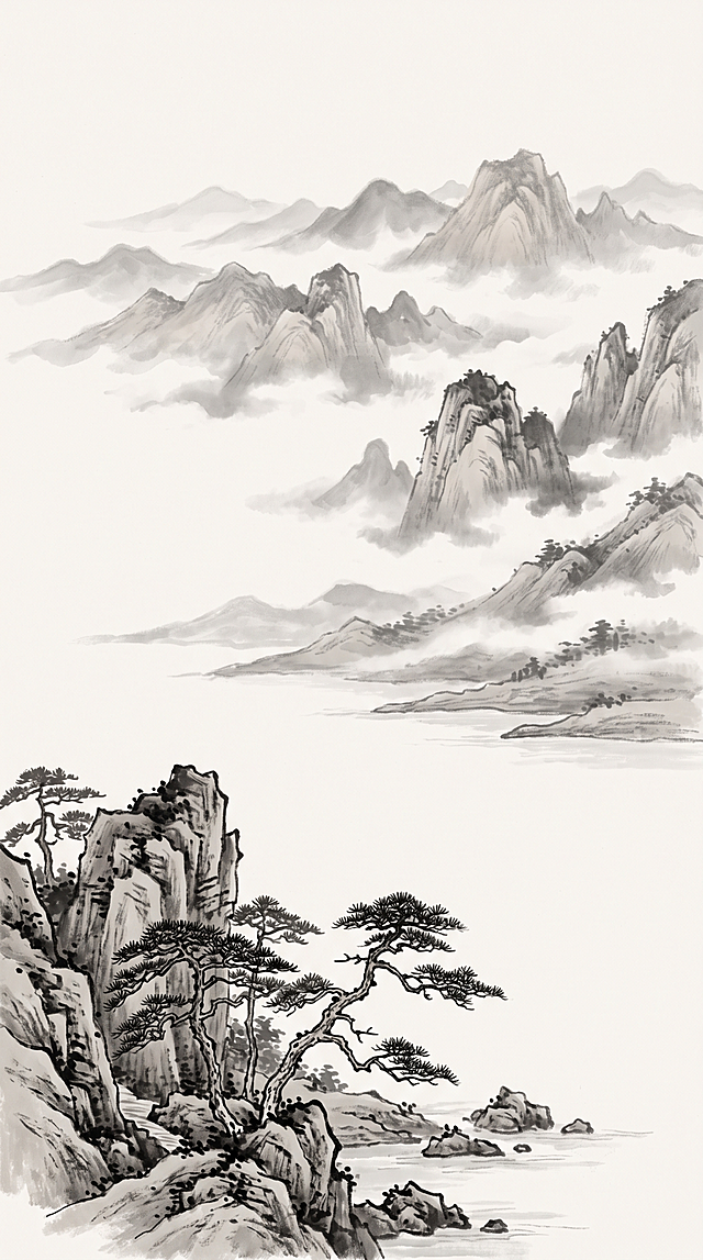 整张竖幅水墨写意山水，依旧以素白宣纸为底，大面积留白的构图比例丝毫不改，仅将原有普通山峦、岸石尽数换作黄山风物。远景层层递进铺展黄山七十二峰，天都、莲花诸峰隐在漫卷云海间，层层山峦以由浅至淡的墨色晕染，花岗岩奇峰尖峭柔和相融，云雾缠绕峰腰，山尖半浮于白雾里，虚实缥缈，尽显黄山云海连绵的空灵气韵，远山层次渐变节奏和原图一致。画面中段仍是大片留白化作澄澈平湖，水面无痕，雾霭横向漫过山腰与湖水，山、云、水光浑然一体，空阔悠远，留白占比完全保留原图格局。画面左下角视觉焦点替换为黄山标志性嶙峋花岗岩怪石，崖石肌理粗粝苍劲，是黄山特有的裸岩皴法；石间错落生长黄山原生矮奇松，枝干遒劲虬曲，疏枝斜探向湖面，岸边散落小型黄山石礁轻点水面，保留原图疏树错落的排布节奏。全画依旧只用清淡黑白水墨，无多余杂景，远黄山奇峰云海缥缈，近黄山怪石奇松苍简，远山虚、近石实，山水云雾留白比例与原作完全统一，清寂淡远，独属黄山山水的清雅禅意。