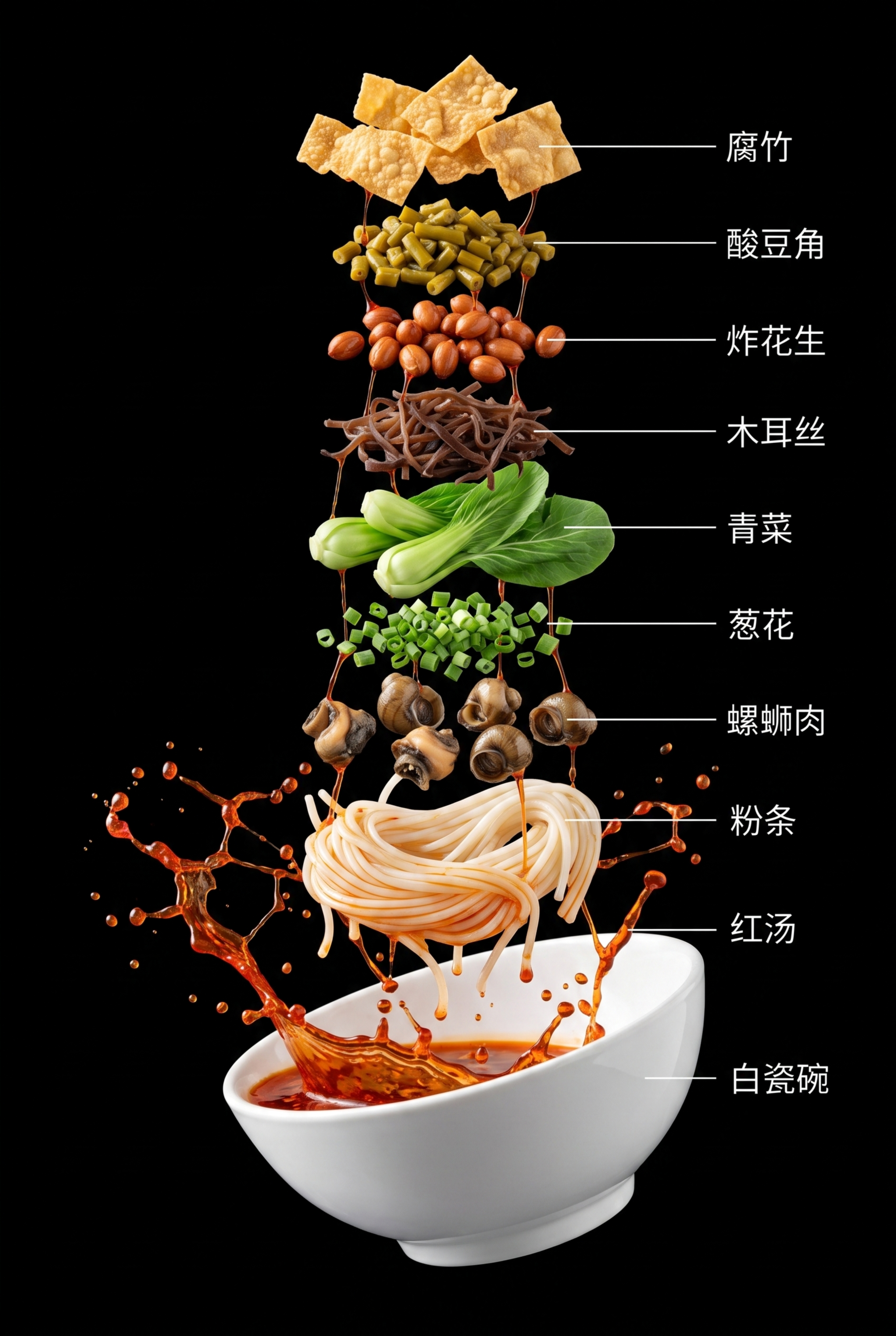 科技可视化的螺蛳粉爆炸分解示意图，倾斜 45 度悬空，垂直中心… - 图片创意预览