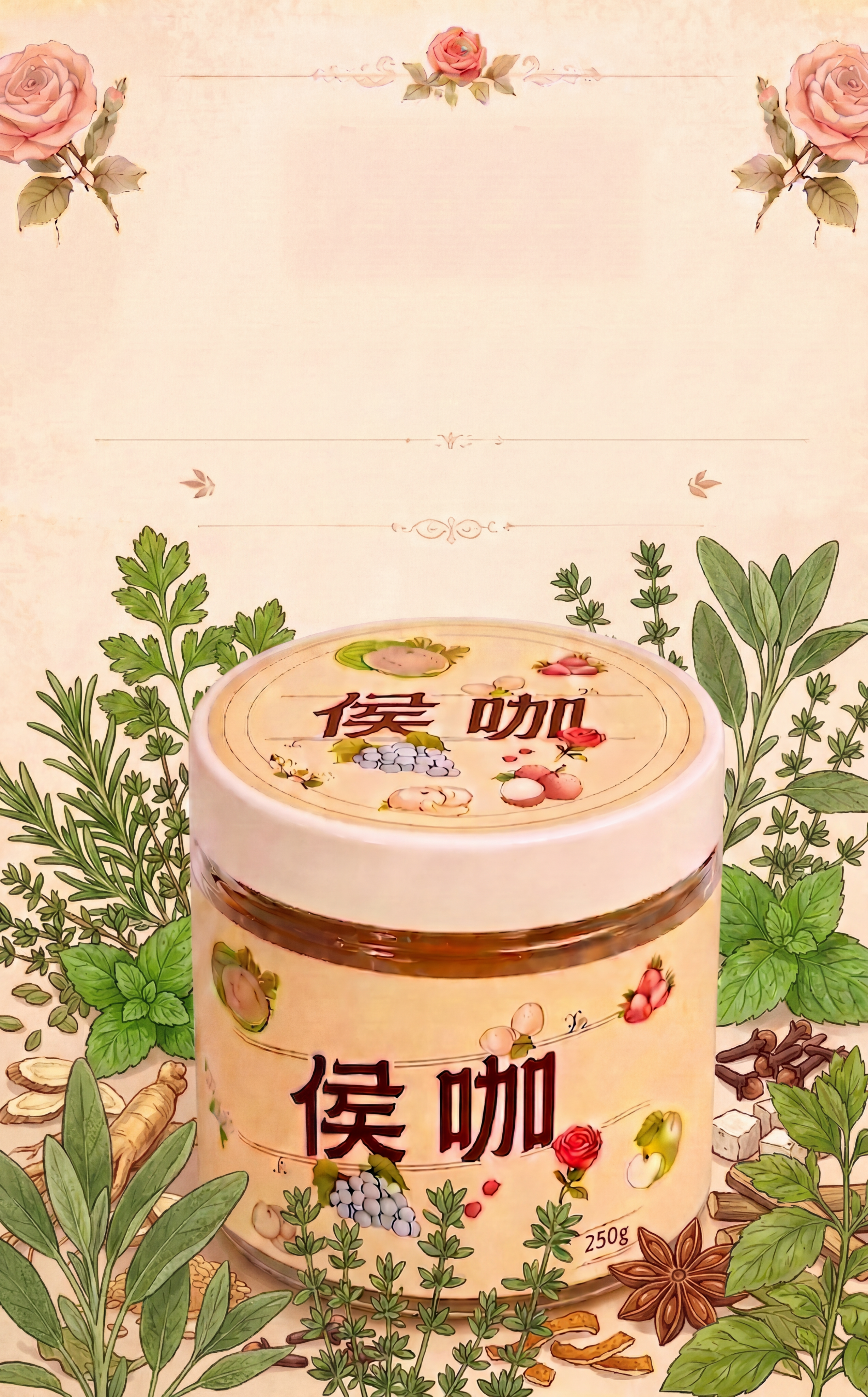 保持中间侯咖罐子产品、上方留白、整体复古插画风格和底色不变，去… - 图片创意预览