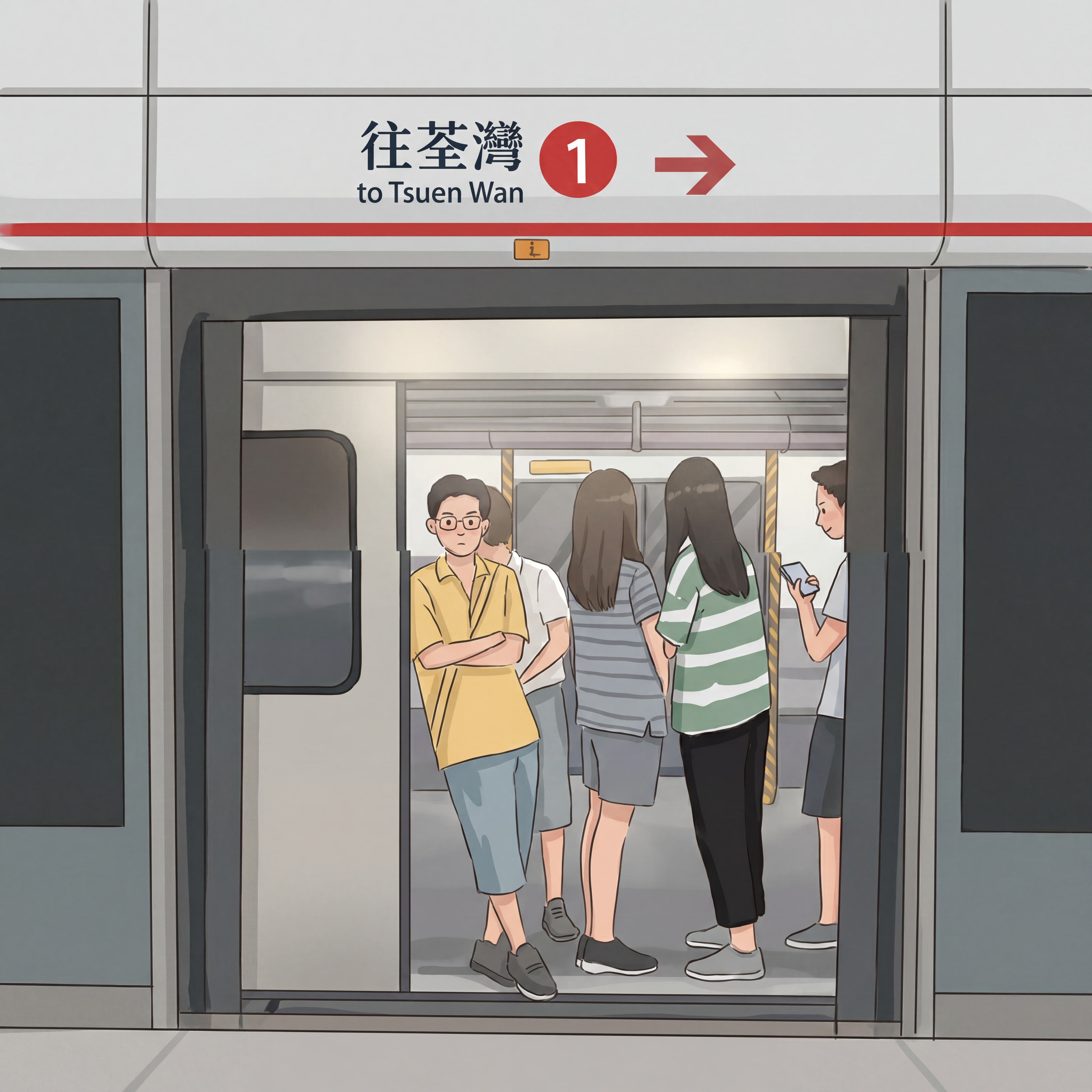 根据提供的低清轮廓图，高清重绘港铁车厢门场景插画：顶部标牌清晰… - 图片创意预览