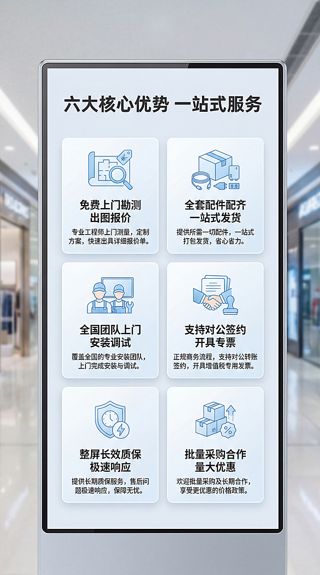 [第3屏] 核心卖点总览屏-商场LED显示屏六大服务优势展示。
[氛围/风格]：简洁科技卡片式设计，专业商务风格，清晰分区展示卖点。
[元素布局]：顶部大标题，下方6个分区卡片，每个卡片展示一个核心卖点，每个卡片包含简约图标、卖点标题和简短说明；卡片错落排列，留白适中不拥挤。
[光影质感]：均匀布光，卡片有轻微阴影增加层次感，文字清晰锐利，整体明亮通透。
[配色色系]：全局底色 #EDF2F7，主色浅蓝白色块，深灰文字，浅蓝色小图标点缀。
[视角构图]：从上到下纵向排版，两列三行布局，整体居中，信息层级清晰。
[文字版式]：顶部大标题「六大核心优势 一站式服务」，六个卖点卡片分别对应：
1. 免费上门勘测 出图报价
2. 全套配件配齐 一站式发货
3. 全国团队上门 安装调试
4. 支持对公签约 开具专票
5. 整屏长效质保 极速响应
6. 批量采购合作 量大优惠
每个卡片图标在上，标题在下，文字大小适中，手机端清晰可读。
[比例分辨率]：9:16竖版比例，宽度1080px，高度1920px，4K分辨率，文字清晰可辨，高清画质。
[负向提示词]：文字错乱，文字过小，水印，变形，颜色怪异，违规极限词，卡片重叠。