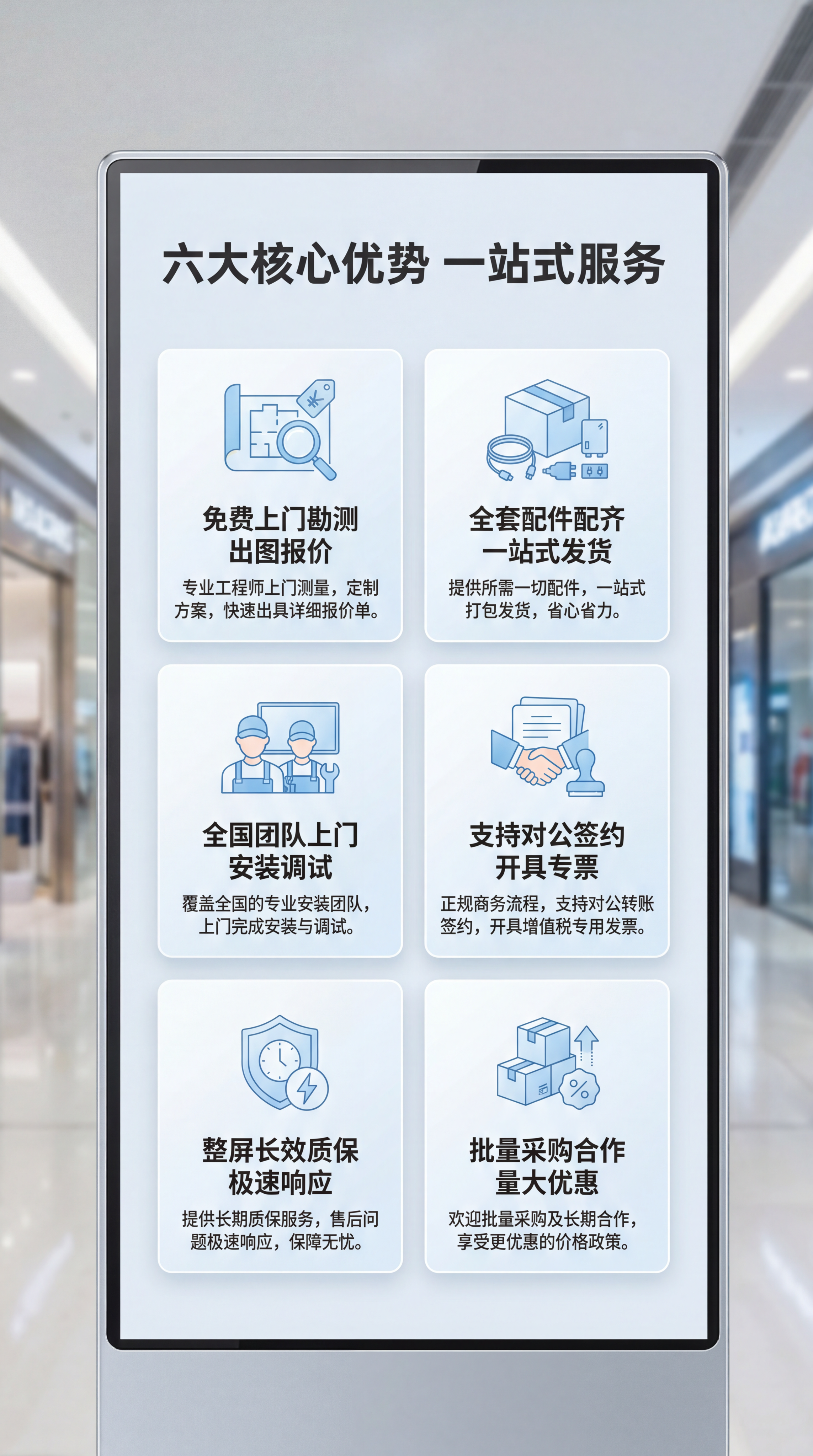 [第3屏] 核心卖点总览屏-商场LED显示屏六大服务优势展示。… - 图片创意预览