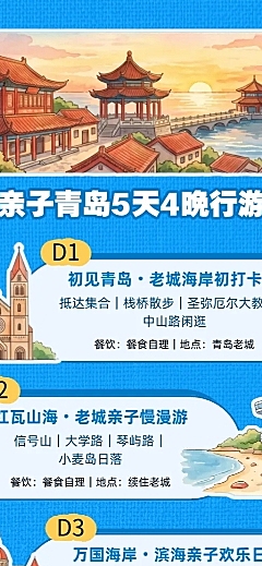 旅游出行青岛旅游线路营销清新水彩插画全屏竖版海报