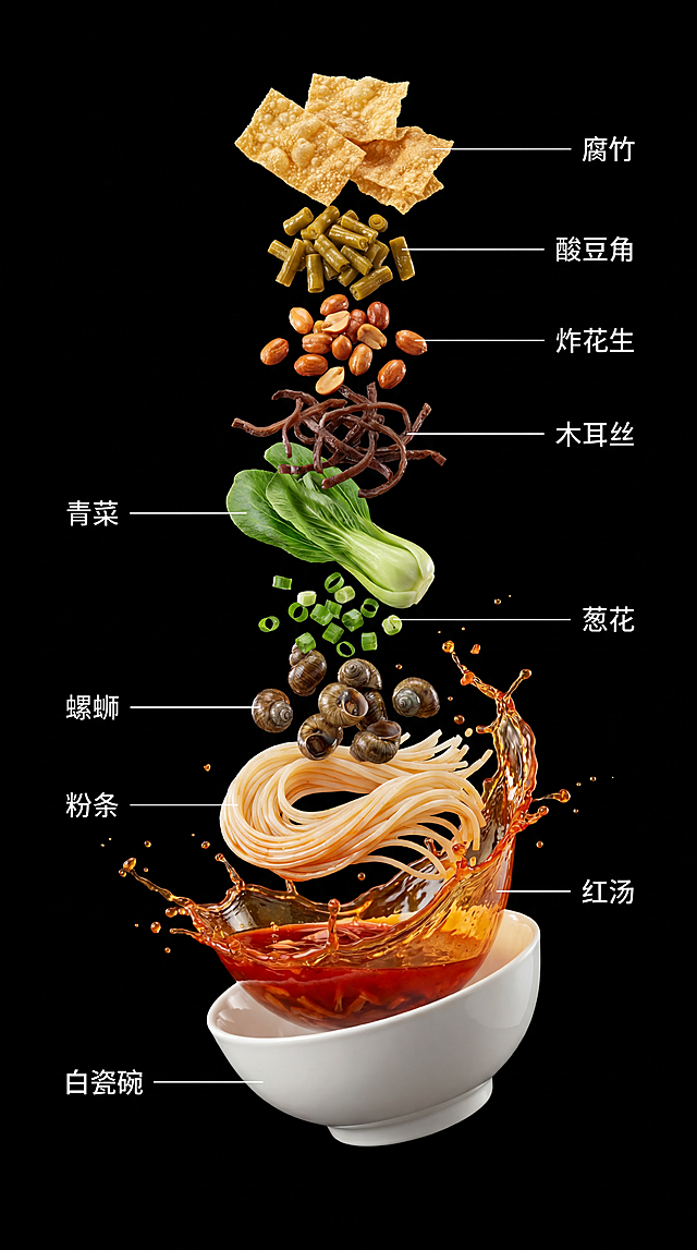 科技可视化的螺蛳粉爆炸分解示意图，倾斜45度悬空，垂直中心轴分层悬空排列，所有食材沿碗的中心轴垂直展开，与碗中位置精准对齐。从上到下依次悬浮:腐竹、酸豆角、炸花生、木耳丝、青菜、葱花、螺蛳、粉条、红汤、白瓷碗，红汤呈油亮飞溅效果，连接各层。背景纯黑，专业棚拍侧逆光+柔光布布光，突出汤汁油润光泽与食材真实纹理，色彩自然高级,拒绝过度饱和。画面中每个食材旁配有白色细线+中文标注(如“葱花”“酸豆角”)，字体清晰工整，不遮挡主体。8K超写实摄影，层次拉满，整体呈现出未来科技悬空分裂效果。