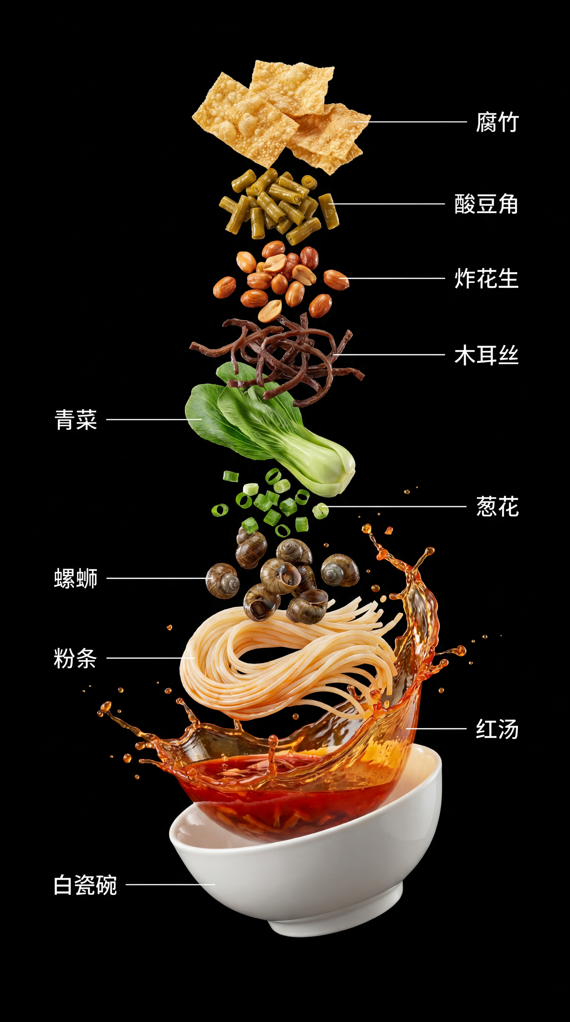 科技可视化的螺蛳粉爆炸分解示意图，倾斜45度悬空，垂直中心轴分… - 图片创意预览