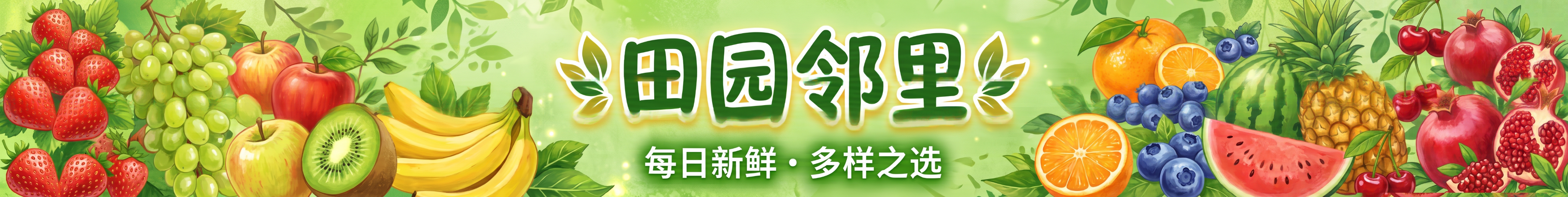重新设计一个水果店铺"田园邻里"的招牌横幅，包含多样新鲜水果装… - 图片创意预览