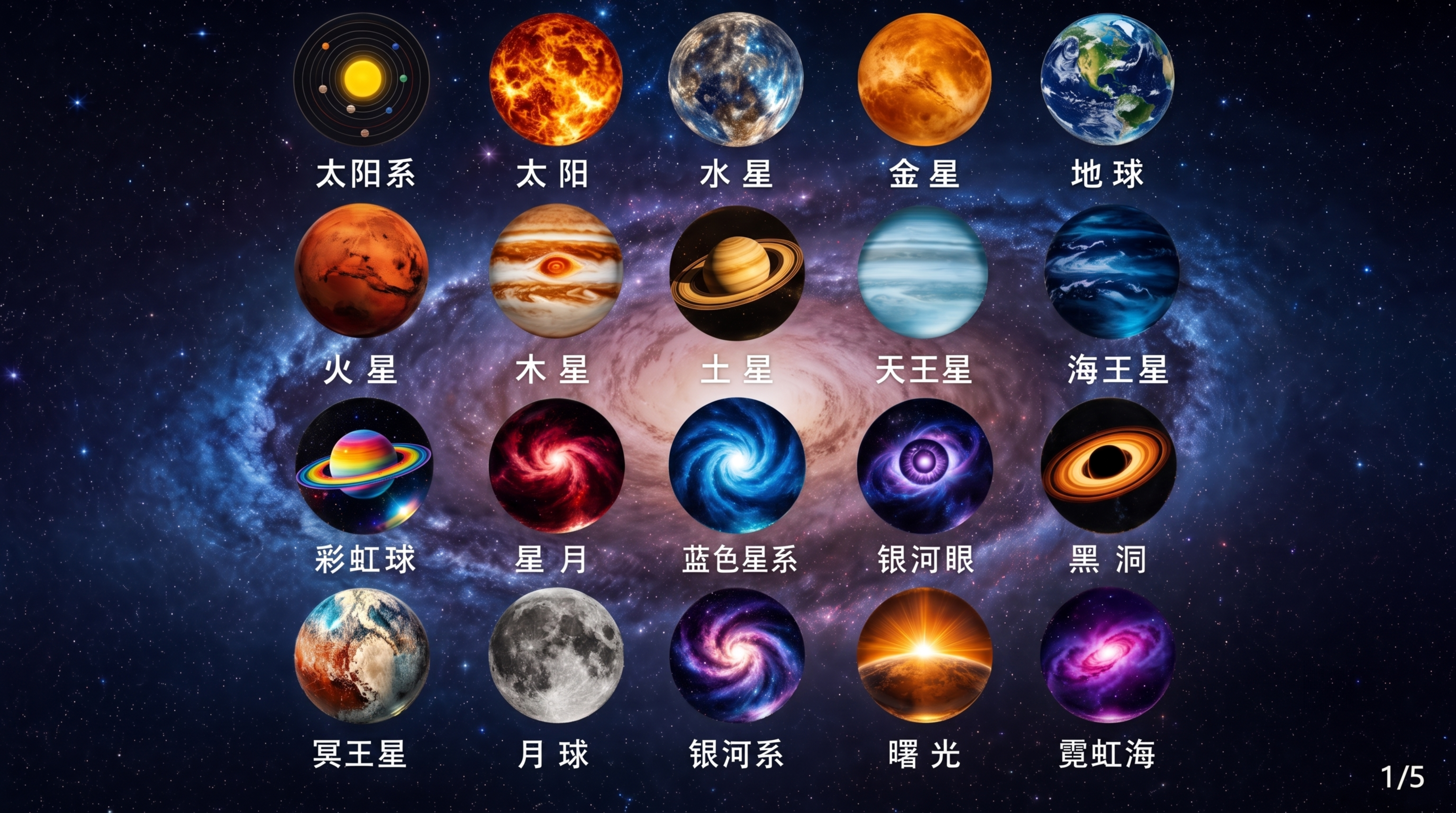 彻底清除所有圆形星球图标下方残留的半透明圆弧高光，太阳保持已经… - 图片创意预览