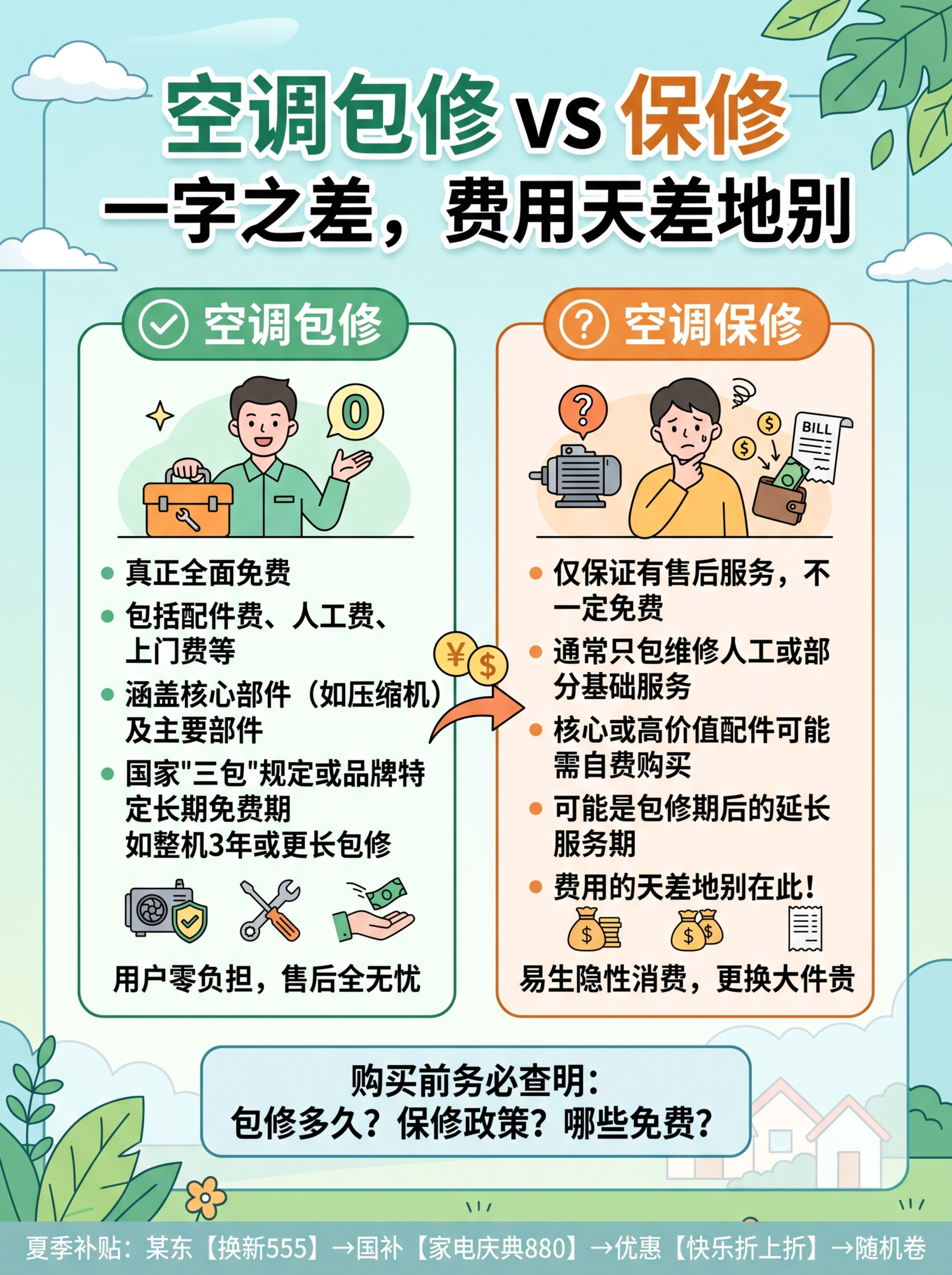 制作宽90高120厘米竖版高清海报，内容为空调包修保修区别科普… - 图片创意预览