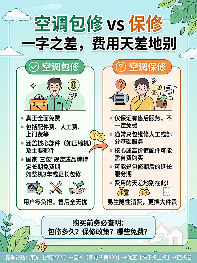 制作宽90高120厘米竖版高清海报，内容为空调包修保修区别科普，标题为'空调包修 vs 保修 一字之差，费用天差地别'，包含提供的全部科普文字内容，在海报下方添加小字：夏季补贴：某东【换新555】→国补【家电庆典880】→优惠【快乐折上折】→随机卷，背景采用简笔画风格，整体排版清晰美观