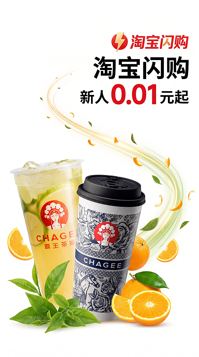 电商海报，9:16竖版，主题是霸王茶姬奶茶商品，促销文案是“淘宝闪购 新人0.01元起”，文案一字不差，排版美观，采用对角构图：产品放置在左下，文字主题放置在右上，点缀橙子和绿叶，构图灵动不呆板，产品展示形式和前四张不重复，突出产品和主题的设计感与整体层次感，画面丰富，避开极限词，符合电商广告法，背景为极简纯白色调，产品主体清晰突出