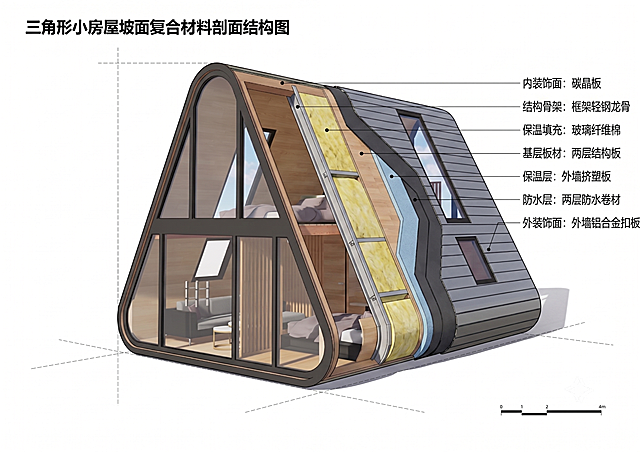 按照指定材料修改建筑坡面剖面图，结构从内到外依次是：框架轻钢龙骨，两层结构板，填充内墙玻璃纤维棉，外墙挤塑板，两层防水卷材，内装饰面碳晶板，外墙铝合金扣板。保持三角形小房屋整体造型不变，添加引线标注每层材料名称