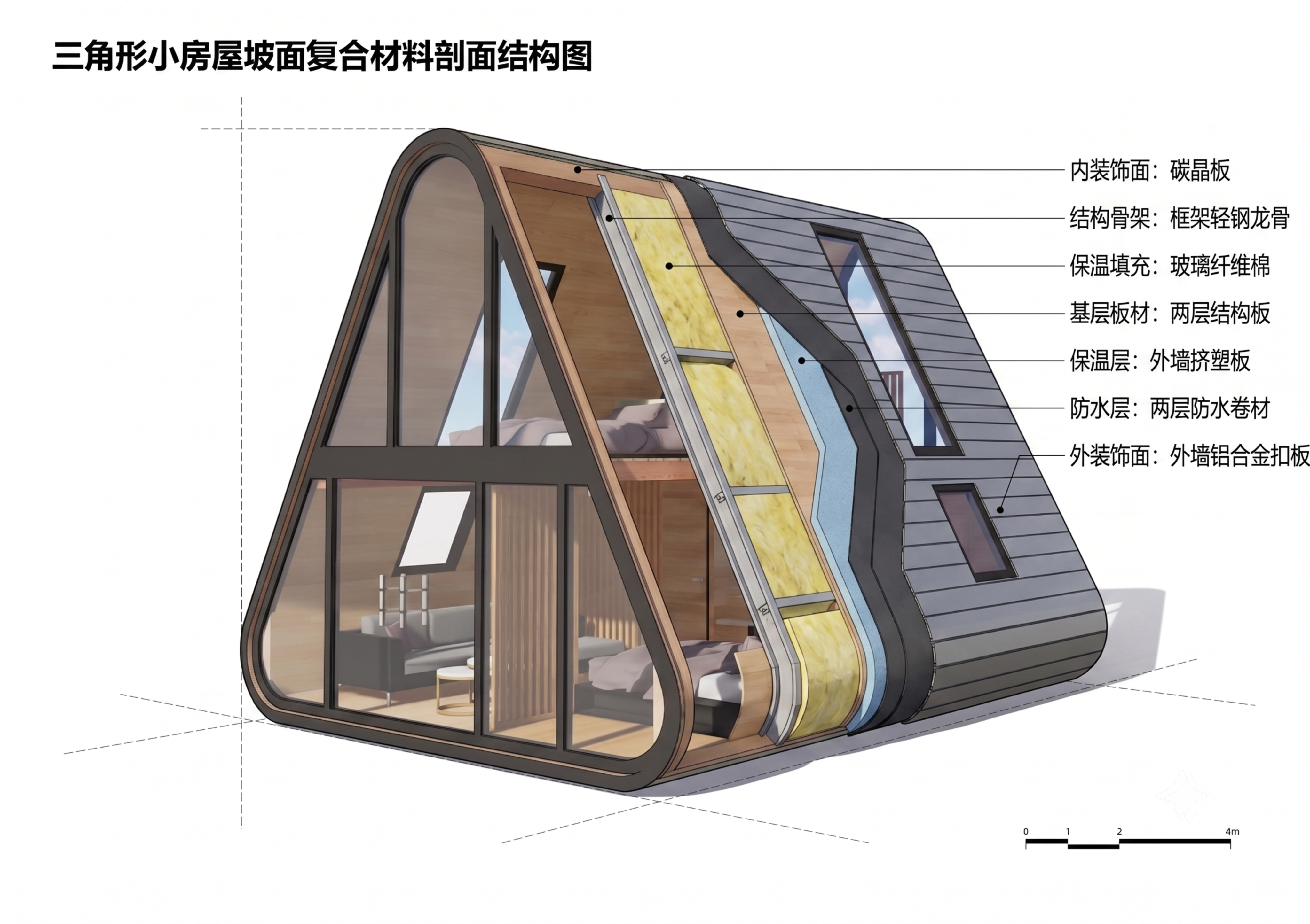 按照指定材料修改建筑坡面剖面图，结构从内到外依次是：框架轻钢龙… - 图片创意预览