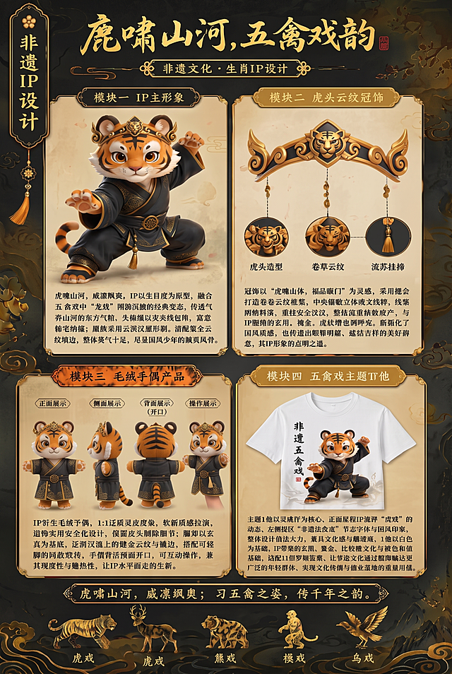仅调整左下角模块三毛绒手偶产品展示的四个手偶的比例为正常大小，其余所有内容（文案、排版、其他模块、黑金国风背景风格等）完全保持不变，将整体图片比例从9:16调整为A3尺寸