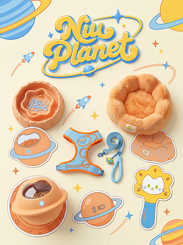 生成Niu Planet品牌集合物料图：整合已有的6款产品（慢食碗、胸背带+牵引绳、宠物窝、智能喂食器、猫玩具、Logo）与贴纸设计，统一采用Blender建模质感，3:4竖版构图，高清4K。背景为干净淡黄色，保持品牌蓝黄橙配色、统一字体与视觉风格（简洁平铺+色彩拼接纹样），画面整洁专业，适合用于电商主图或品牌宣传册封面。