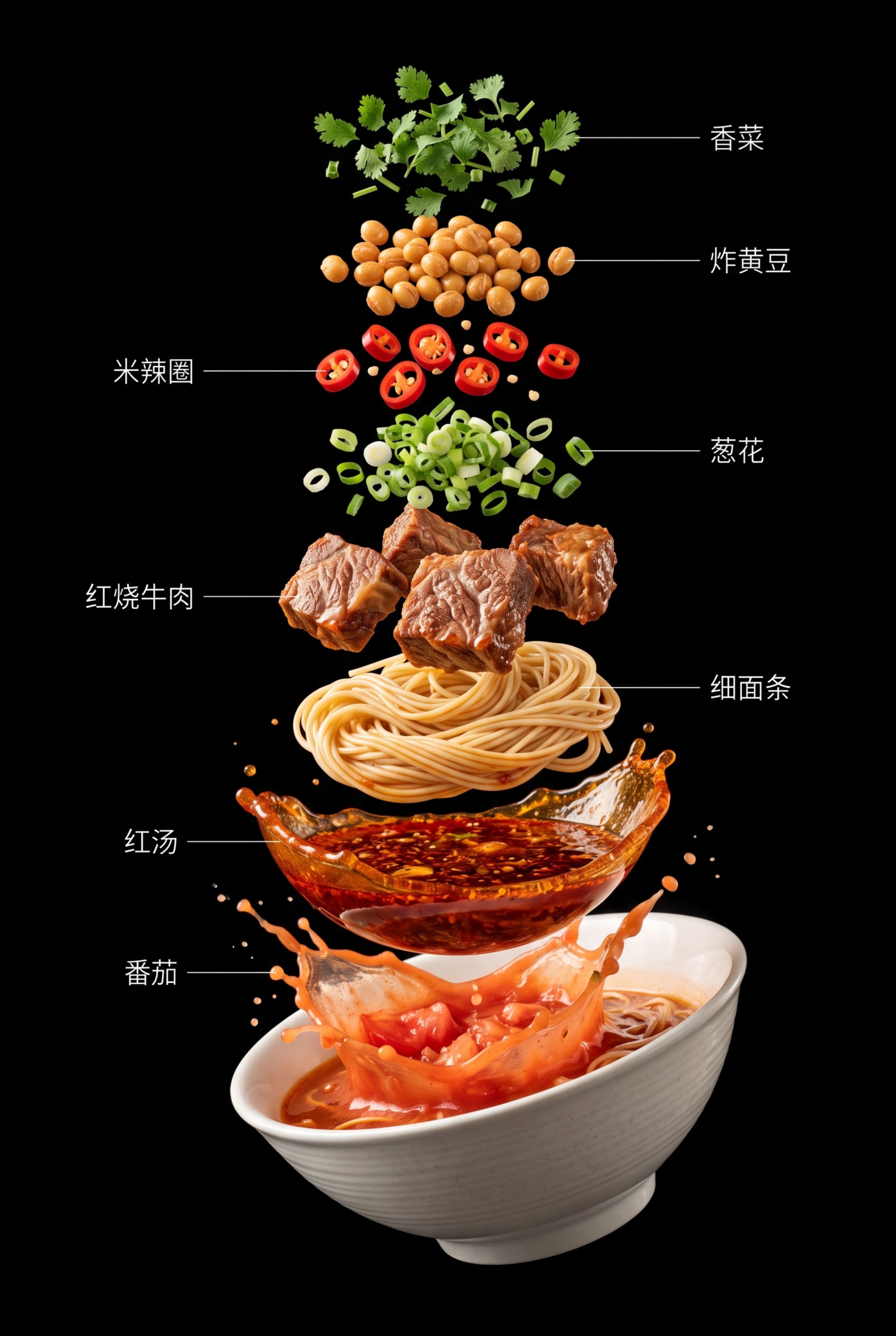 科技可视化的红烧牛肉面爆炸分解示意图，倾斜45度悬空沿垂直中心… - 图片创意预览
