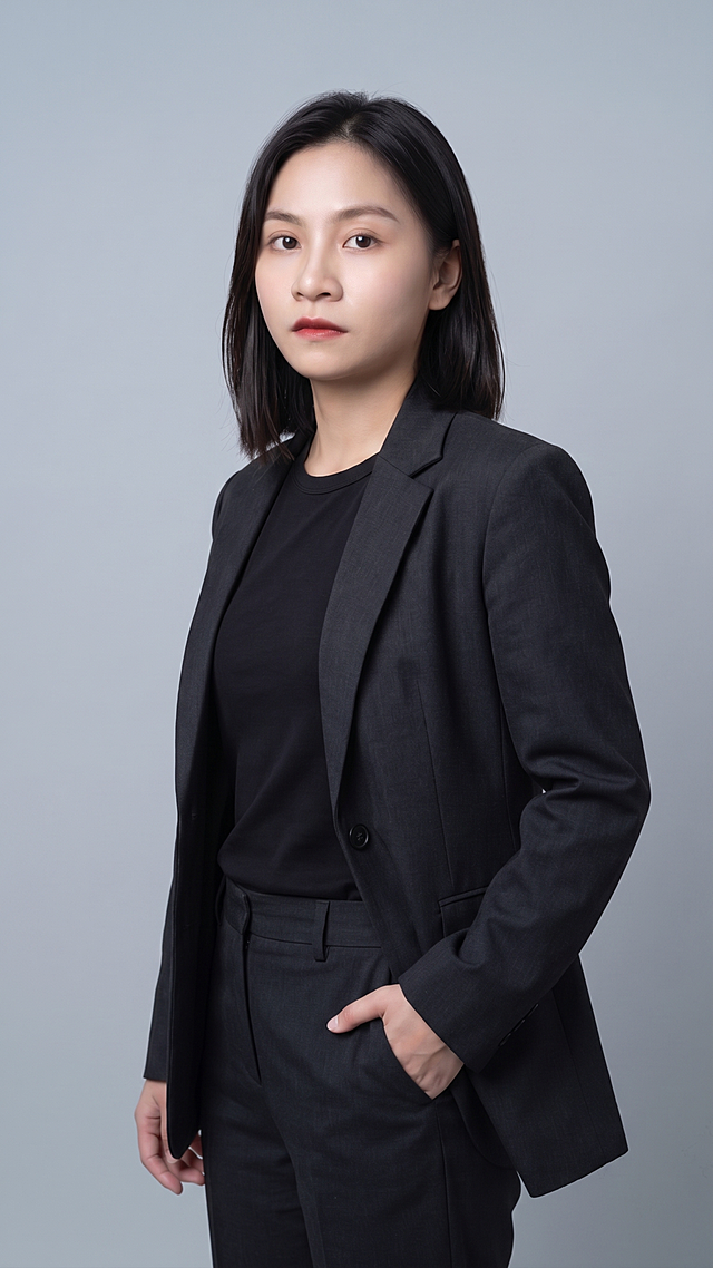 修正侧身照的面部五官细节，参考正面图调整脸型轮廓让面部更自然匀称，修正面部比例让脸型更流畅精致，保留原有的酷飒穿搭、冷灰背景和侧身姿势，保持照片整体风格不变，只调整面容细节