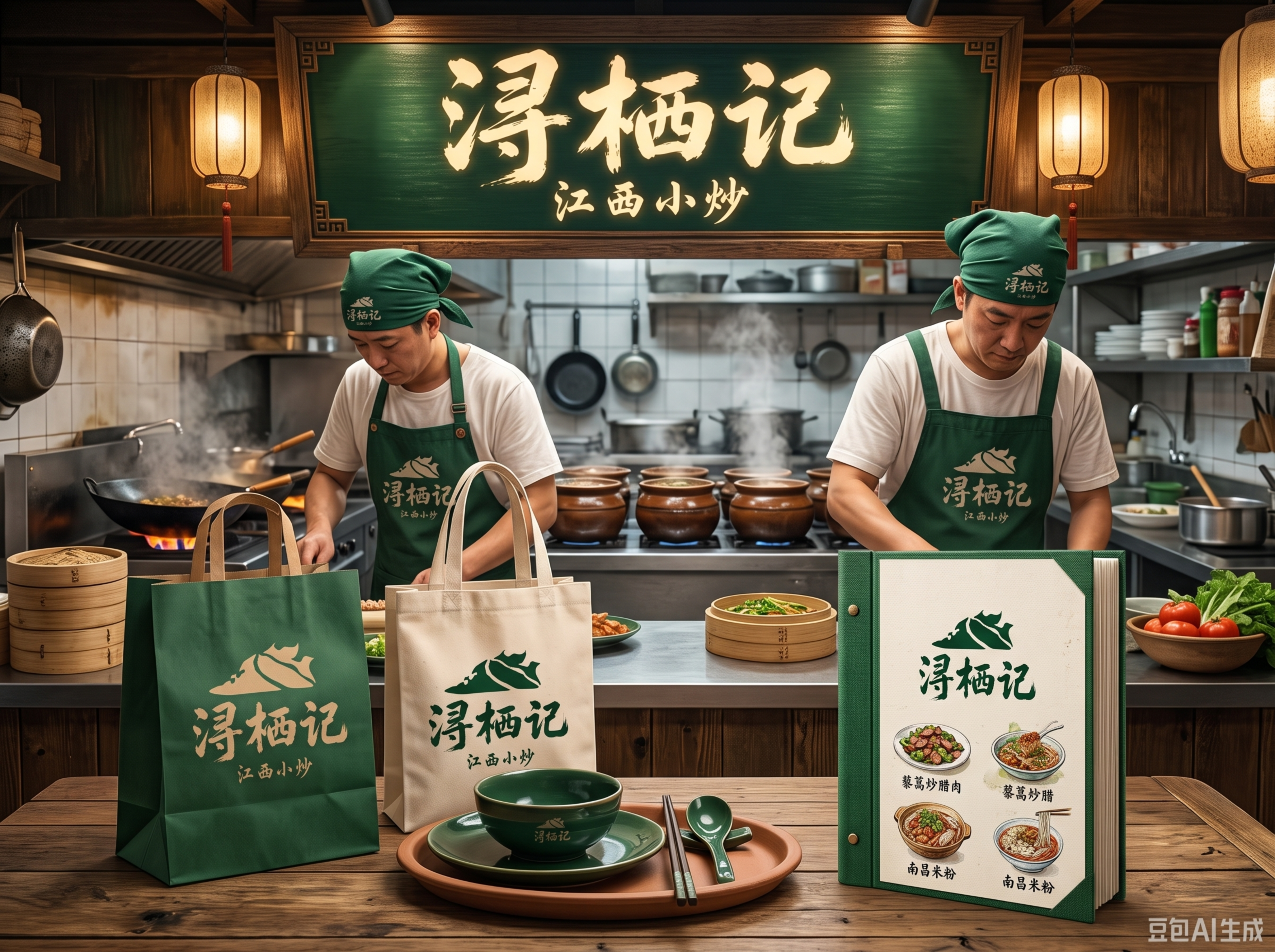 参考提供的深绿色水墨风格"浔栖记江西小炒"LOGO，生成一套江… - 图片创意预览